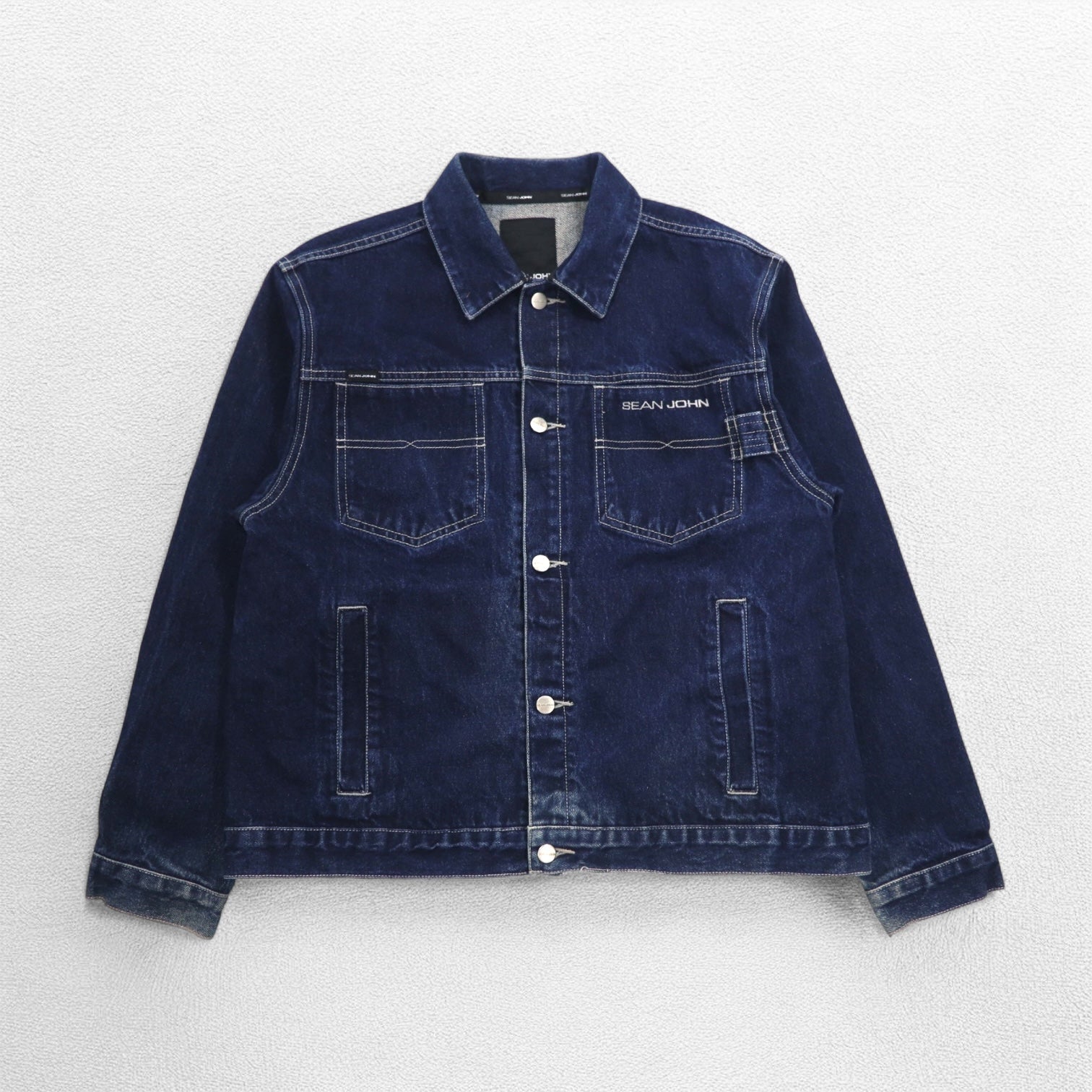 SEAN JOHN Giacca di Jeans anni 2000 M Indaco Blu Logo ricamato