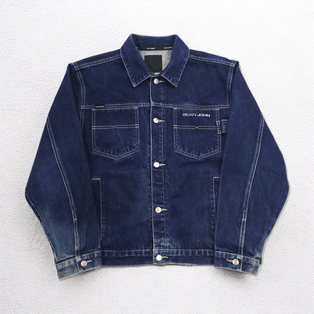 SEAN JOHN Giacca di Jeans anni 2000 M Indaco Blu Logo ricamato