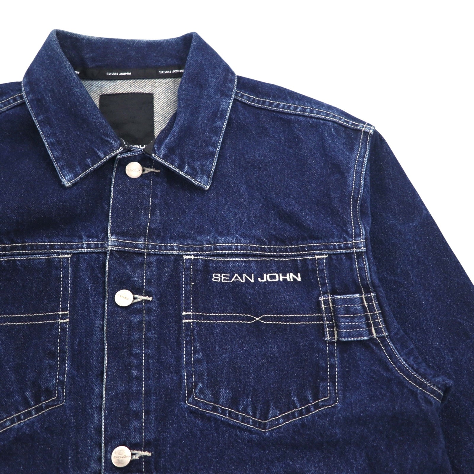 SEAN JOHN Giacca di Jeans anni 2000 M Indaco Blu Logo ricamato