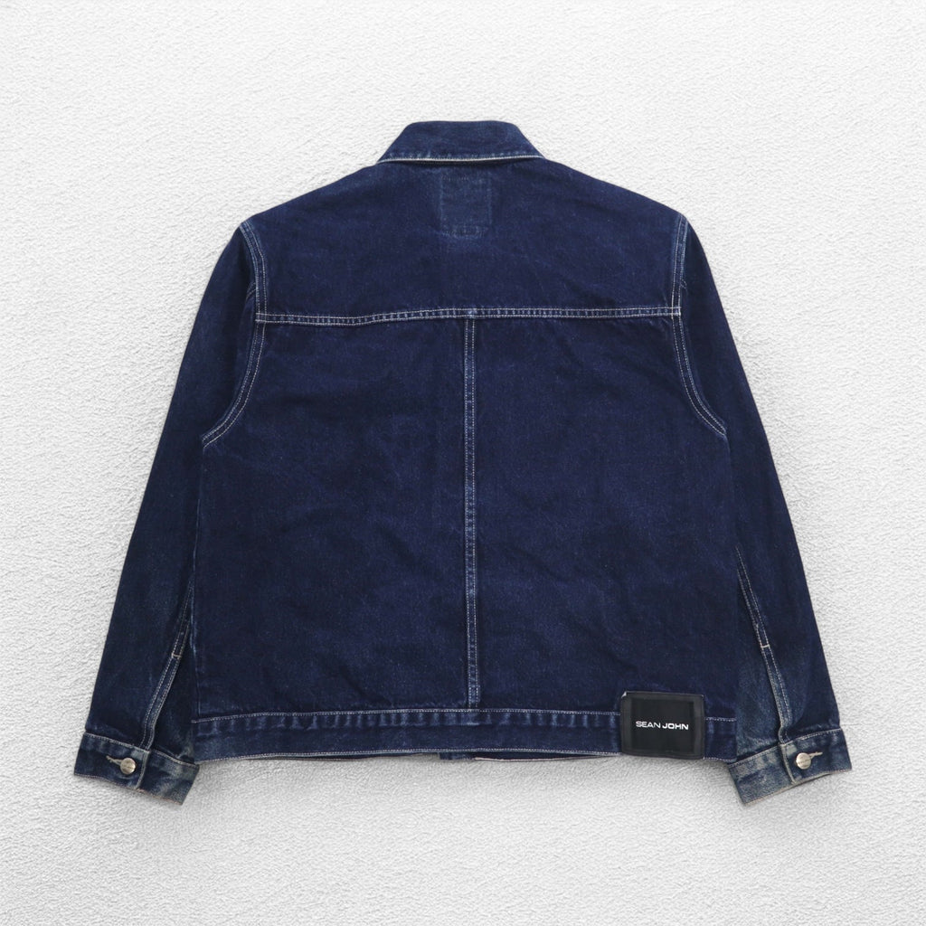 SEAN JOHN Giacca di Jeans anni 2000 M Indaco Blu Logo ricamato