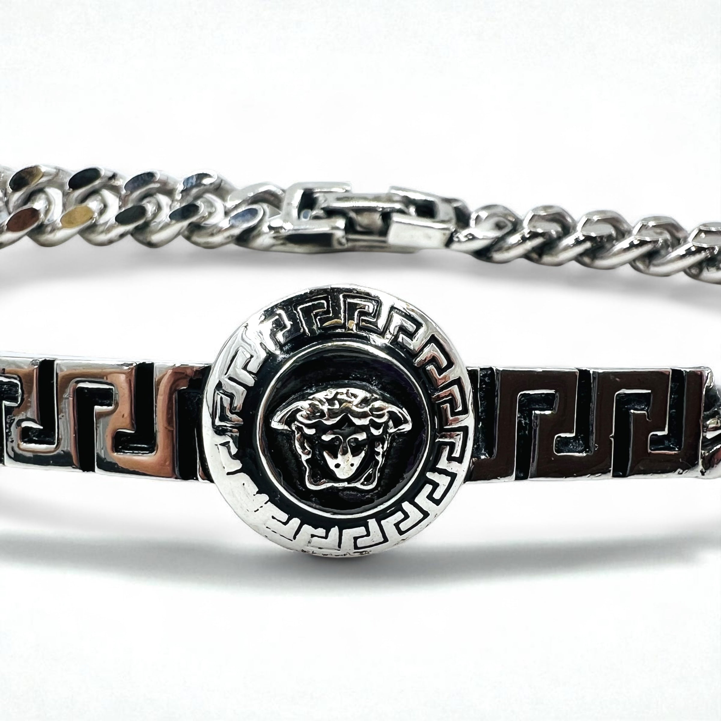 VERSACE Vintage Medusa Bracciale a Catena Maglia Curb Argento Made in Italy