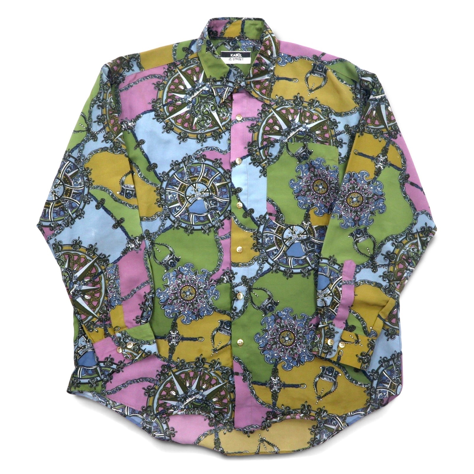 Camicia vintage anni '90 retro KABUL anni '90 fantasia all-over, taglia 2XL, color cachi, poliestere, stile retrò