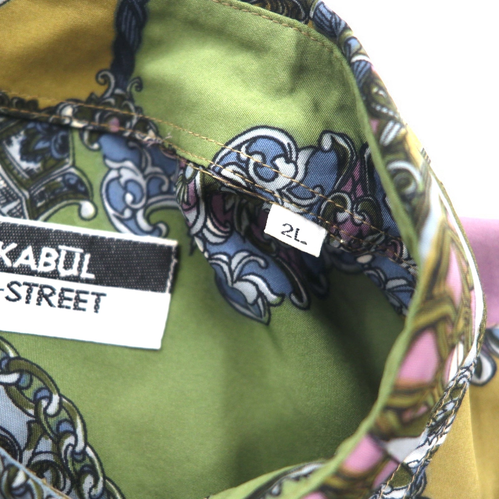 Vintage 90s Retro Shirt KABUL 90年代 総柄 ポリシャツ 2XL カーキ ポリエステル レトロ