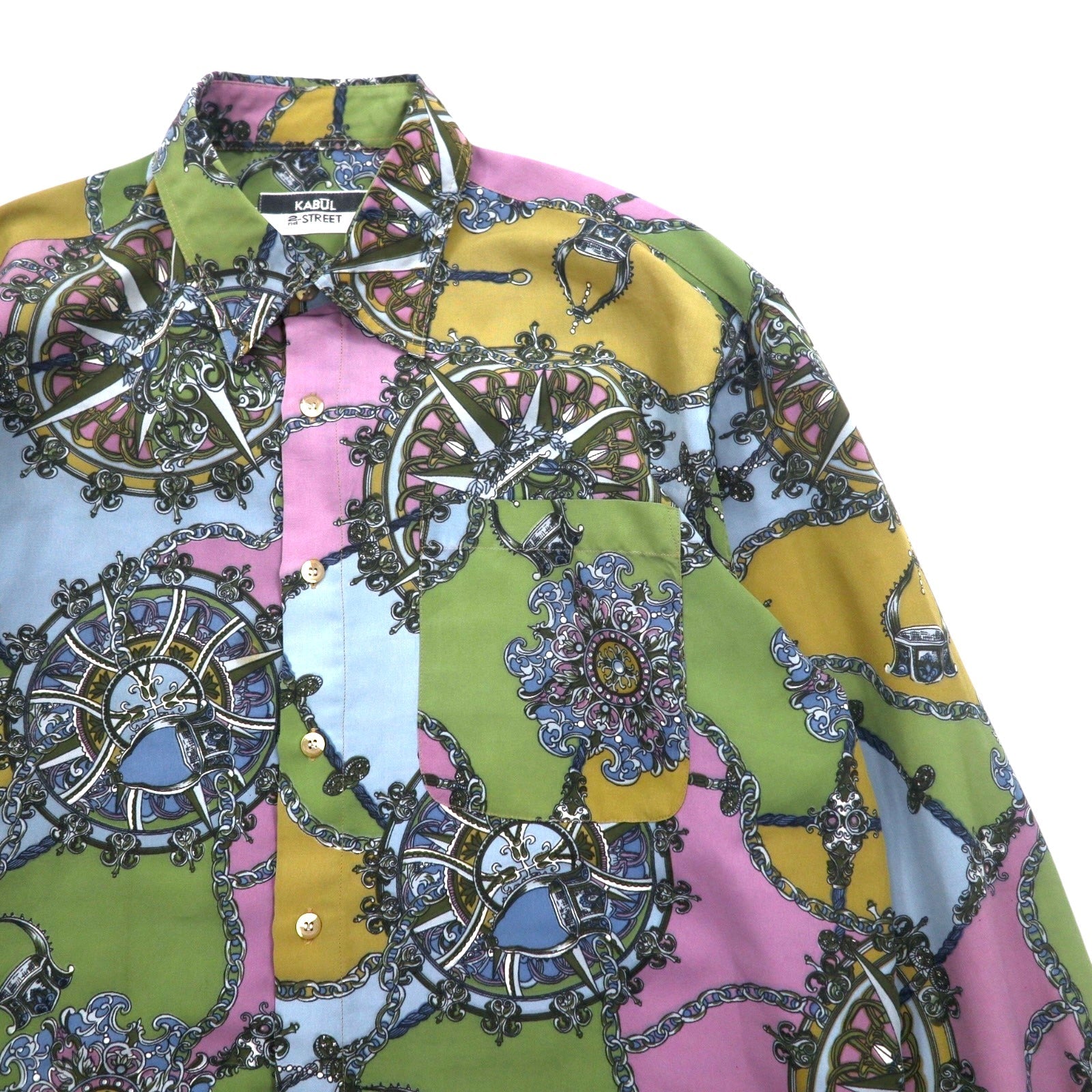 Camicia vintage anni '90 retro KABUL anni '90 fantasia all-over, taglia 2XL, color cachi, poliestere, stile retrò