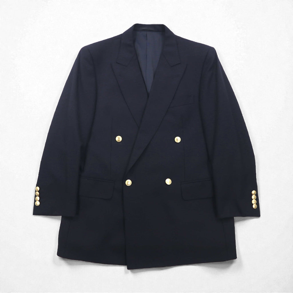 BURBERRY ピークドラペル ダブル テーラードジャケット ブレザー M ネイビー ギャバジン 紺ブレ 金ボタン 羊毛 日本製