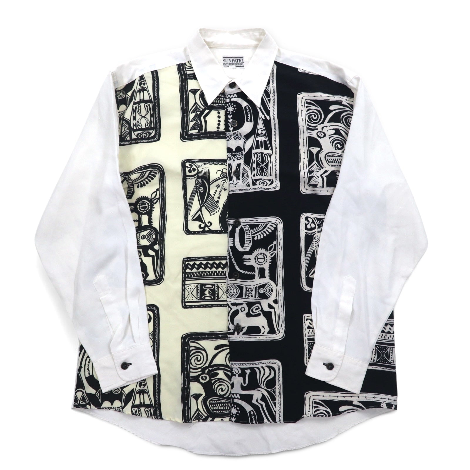 Vintage 90s Japan Made Retro Shirt 90年代 SUNPATIO ポリシャツ FREE ホワイト 総柄 日本製