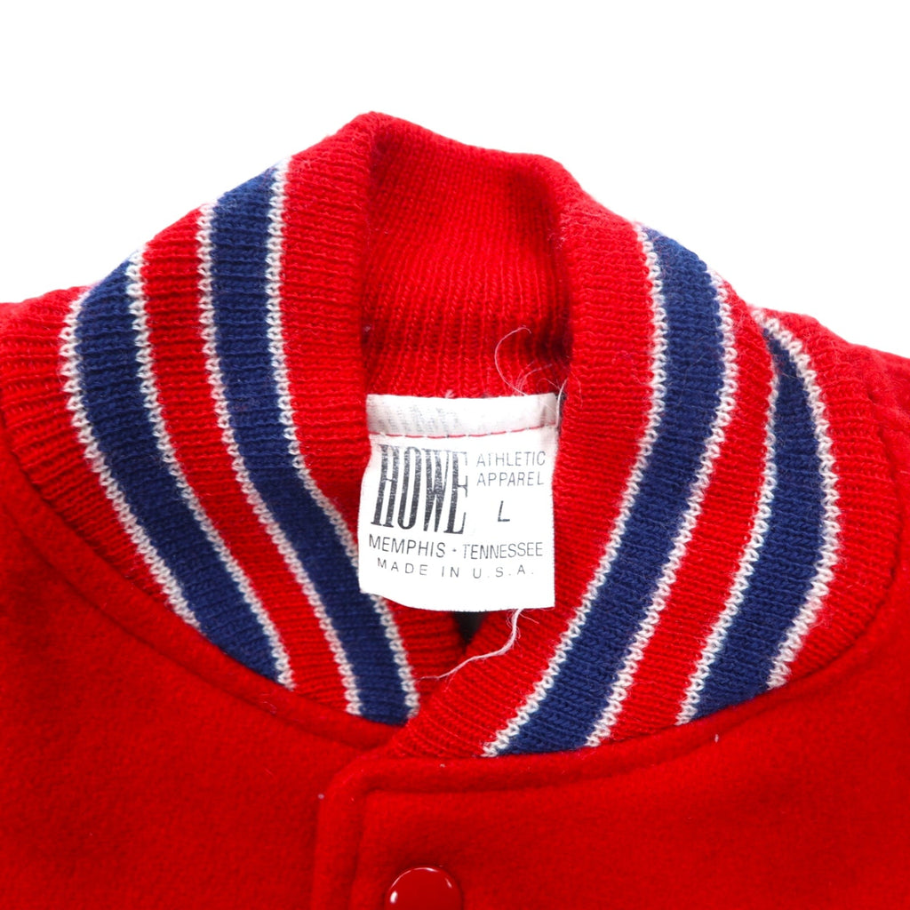 Giubbotto college HOWE ATHLETIC APPAREL in panno Melton, anni '80, Made in USA, taglia L, rosso, in lana, con stemmi applicati