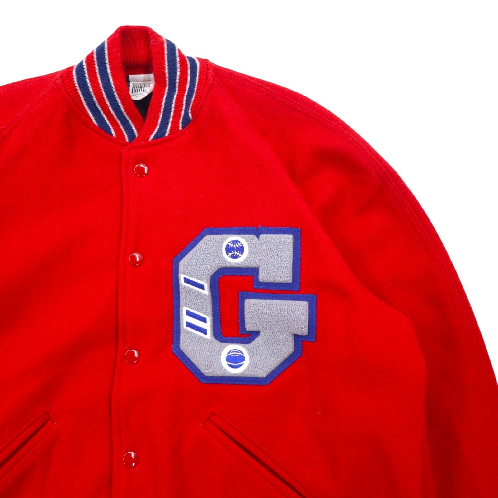 Giubbotto college HOWE ATHLETIC APPAREL in panno Melton, anni '80, Made in USA, taglia L, rosso, in lana, con stemmi applicati