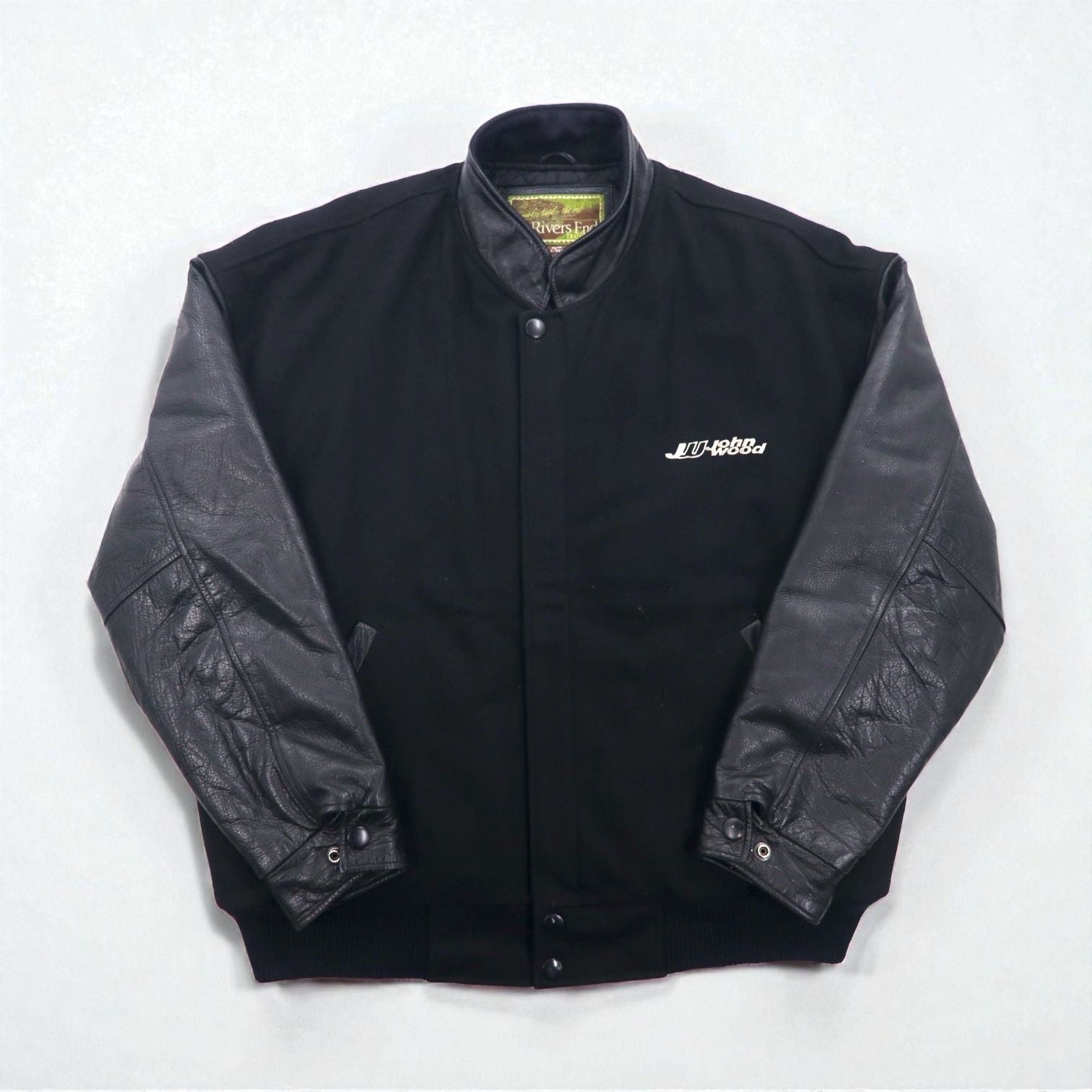 90s Vintage Varsity Jacket Rivers End レザー切替 スタジャン XL ブラック 刺繍 USA企業 JOHN WOOD