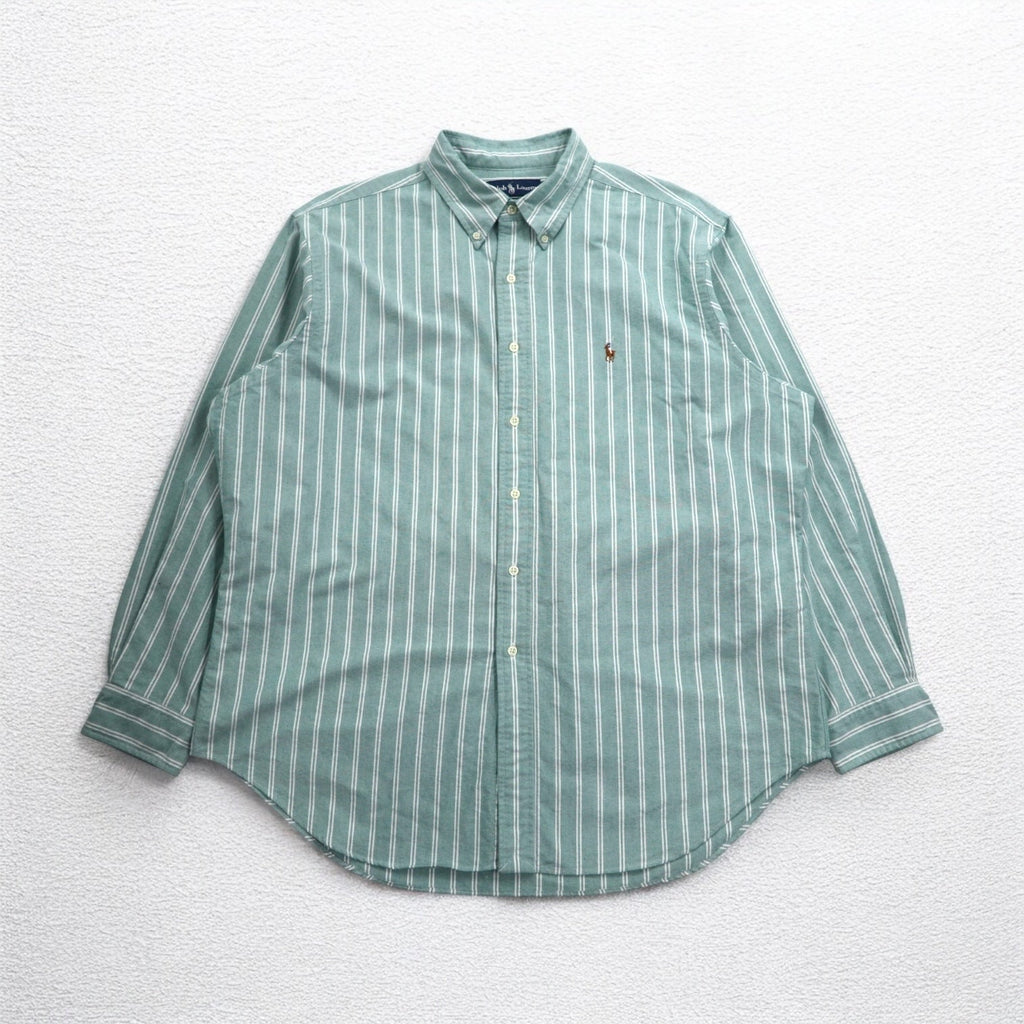 Ralph Lauren Anni '90 Camicia Oxford Button-down XL Verde a Righe Ricamo Pony