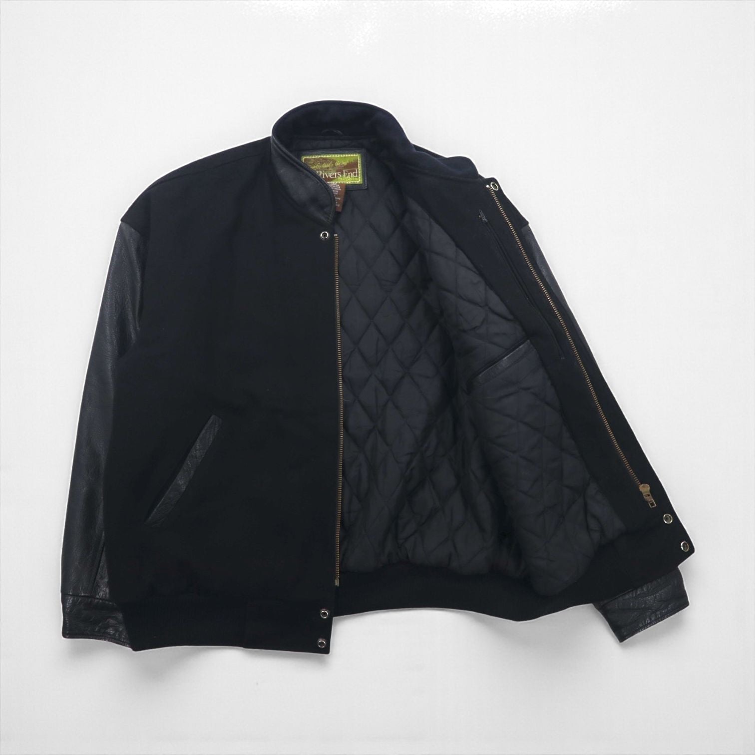 90s Vintage Varsity Jacket Rivers End レザー切替 スタジャン XL ブラック 刺繍 USA企業 JOHN WOOD