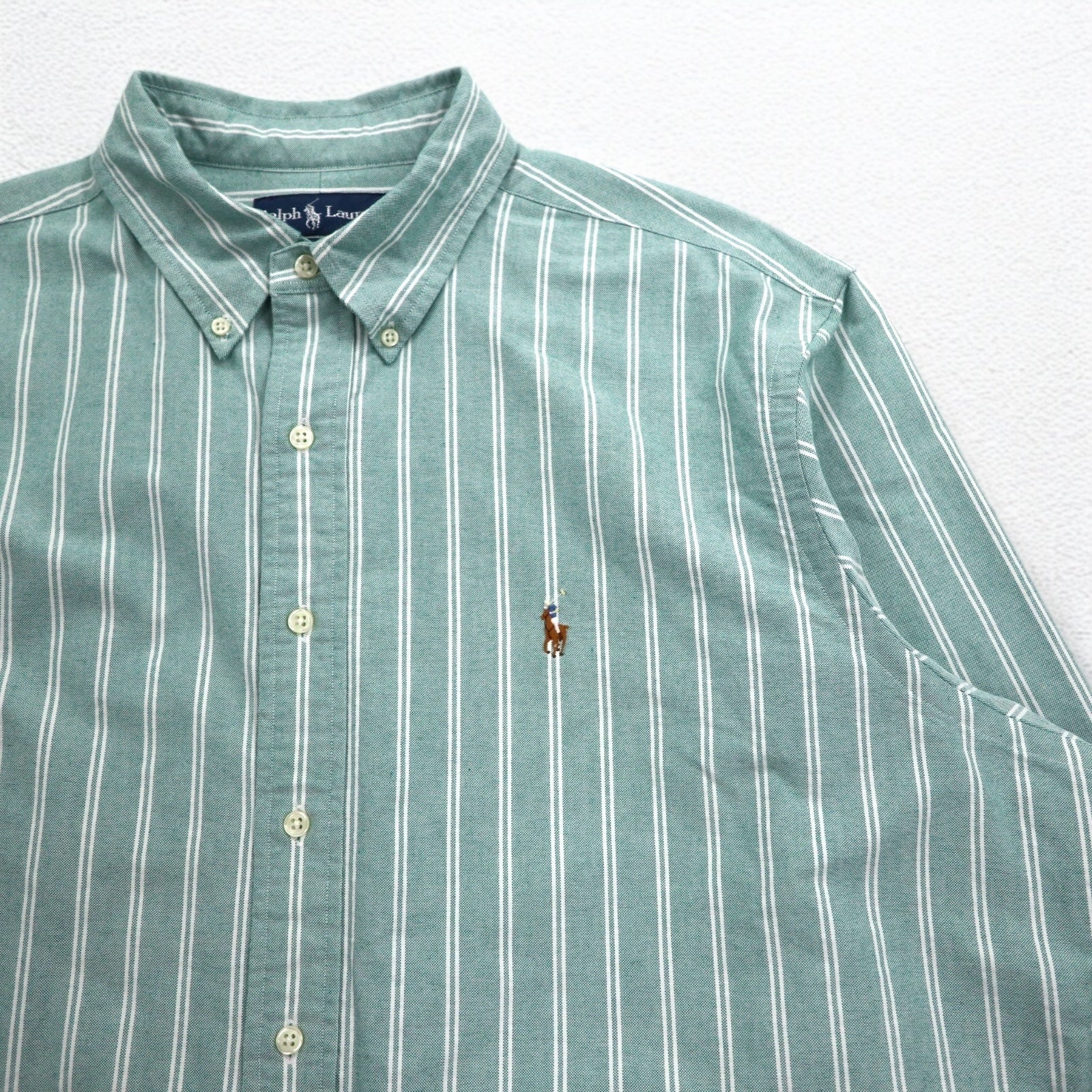 Ralph Lauren Anni '90 Camicia Oxford Button-down XL Verde a Righe Ricamo Pony