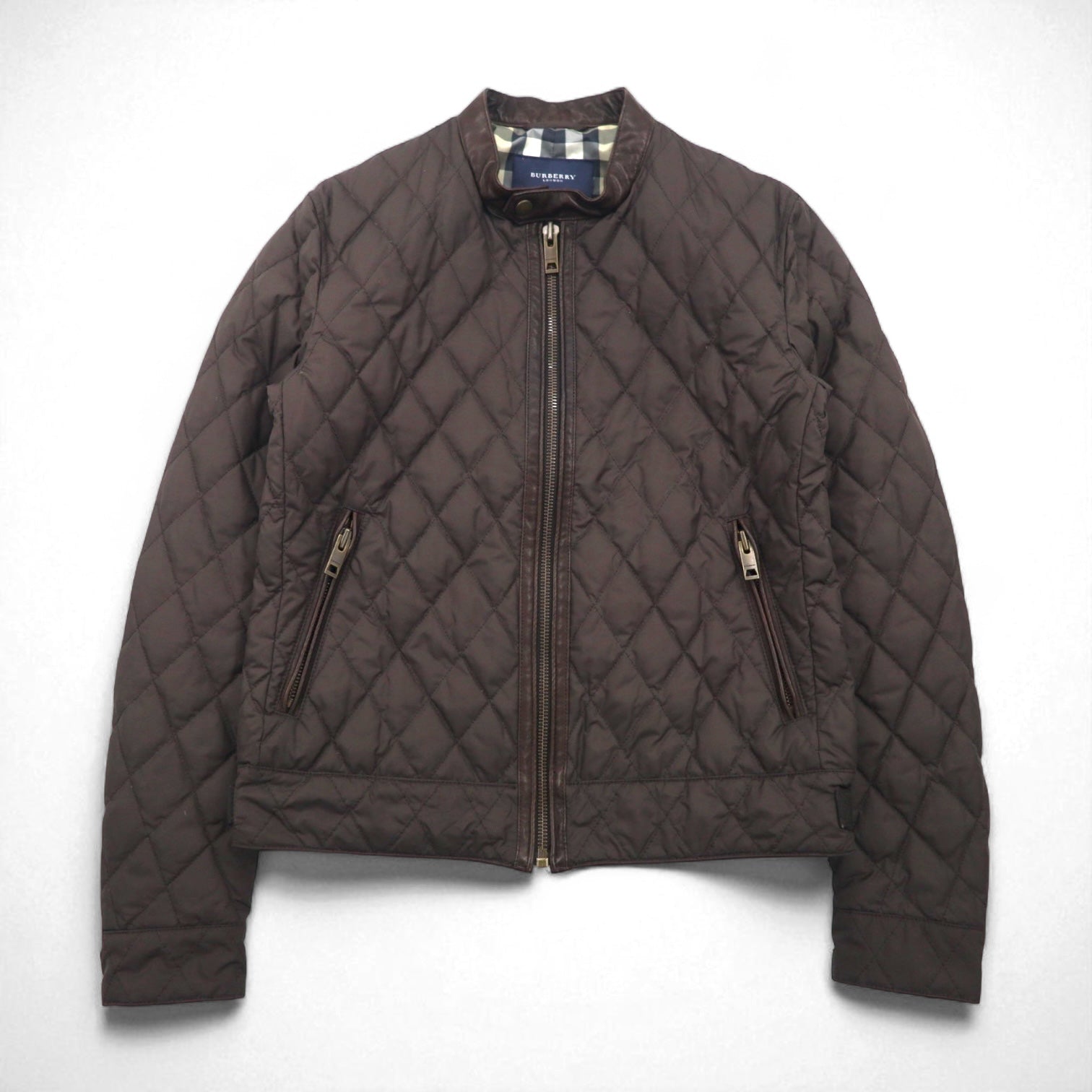 BURBERRY キルティングジャケット ライダース L ブラウン 中綿 レザー切り替え 裏地ノバチェック