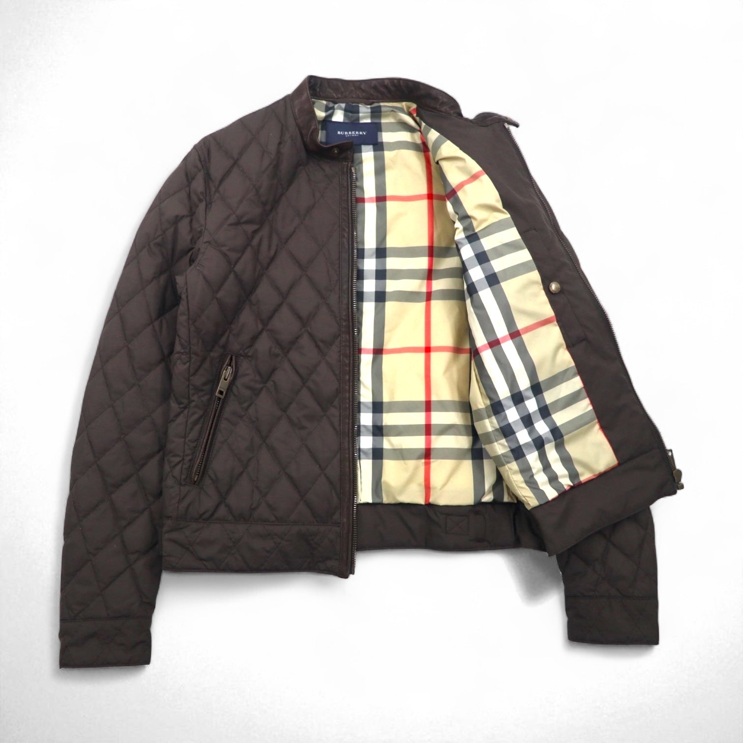 BURBERRY キルティングジャケット ライダース L ブラウン 中綿 レザー切り替え 裏地ノバチェック