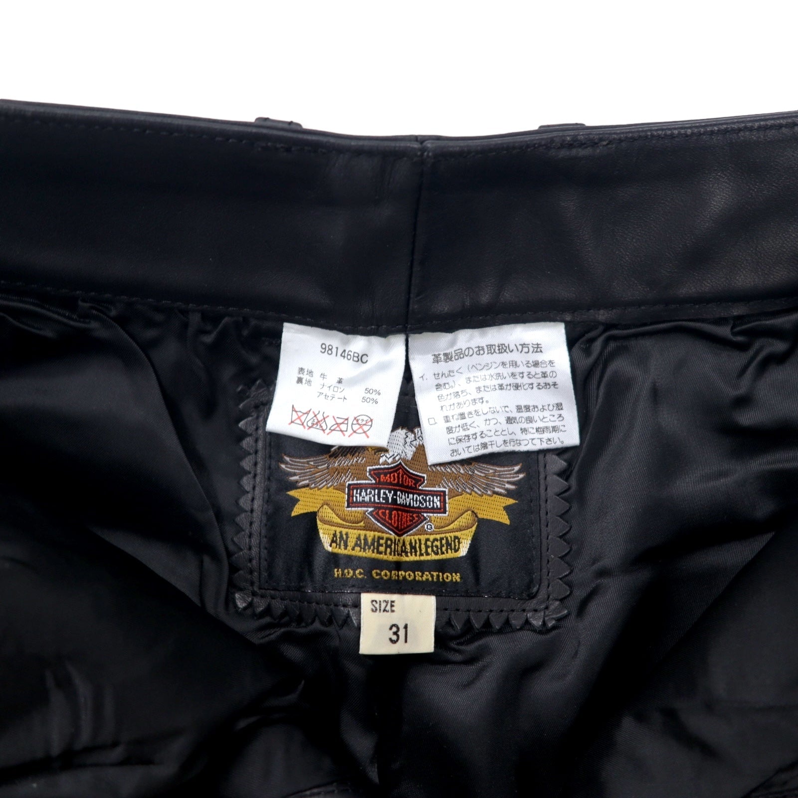 HARLEY DAVIDSON Pantaloni in pelle 31 neri, pelle bovina, patta con cerniera 98146BC