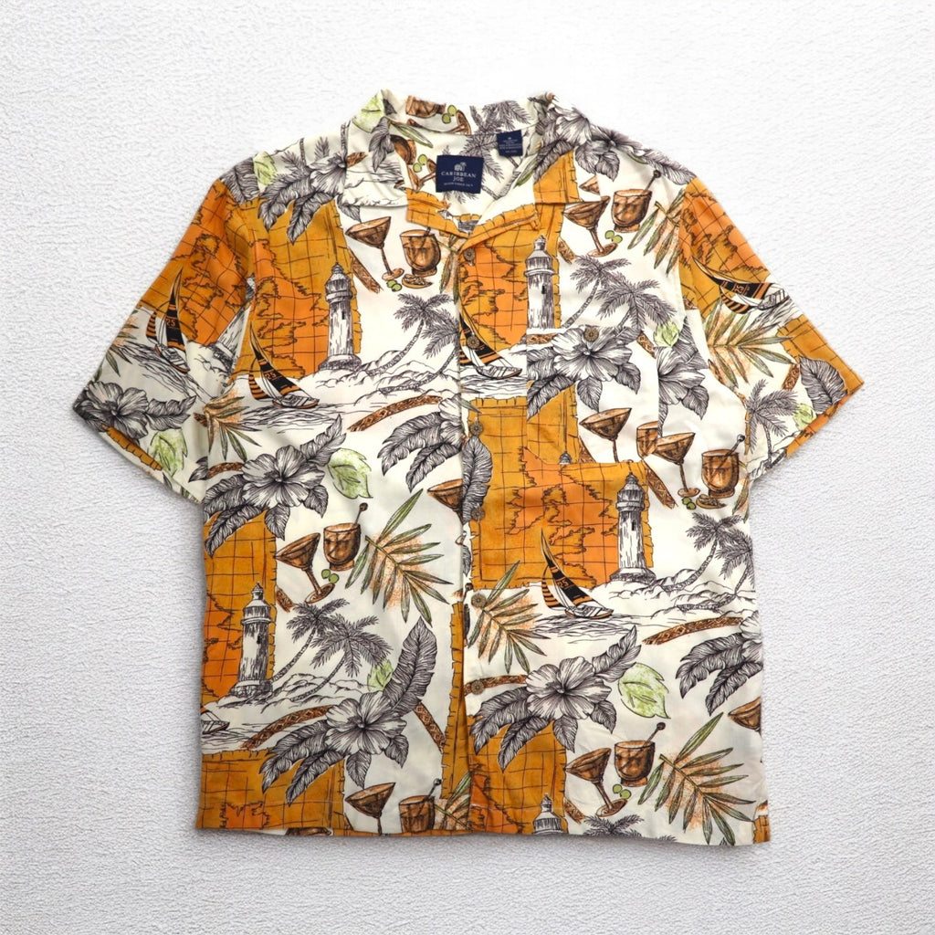 CARIBBEAN JOE anni '90 camicia hawaiana open collar con colletto aperto M arancione rayon fantasia palme cocktail ibisco