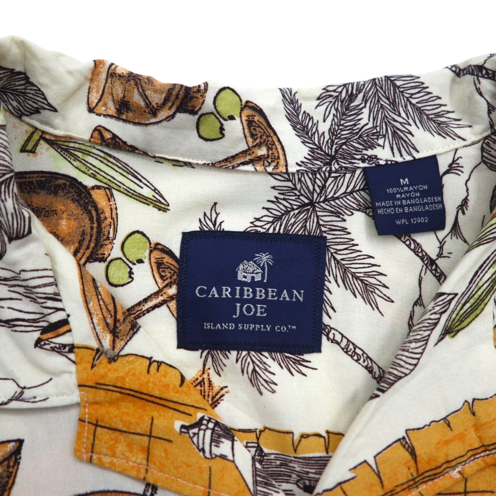 CARIBBEAN JOE anni '90 camicia hawaiana open collar con colletto aperto M arancione rayon fantasia palme cocktail ibisco