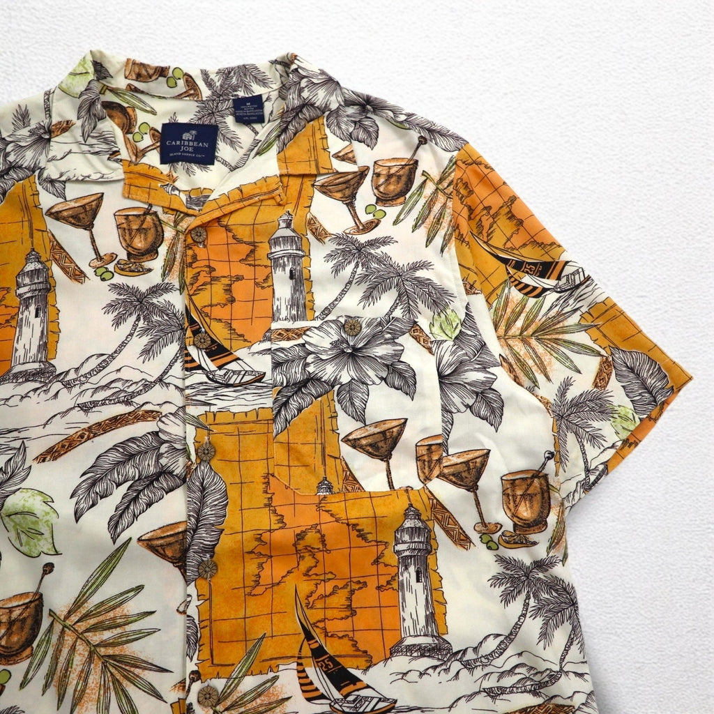 CARIBBEAN JOE anni '90 camicia hawaiana open collar con colletto aperto M arancione rayon fantasia palme cocktail ibisco