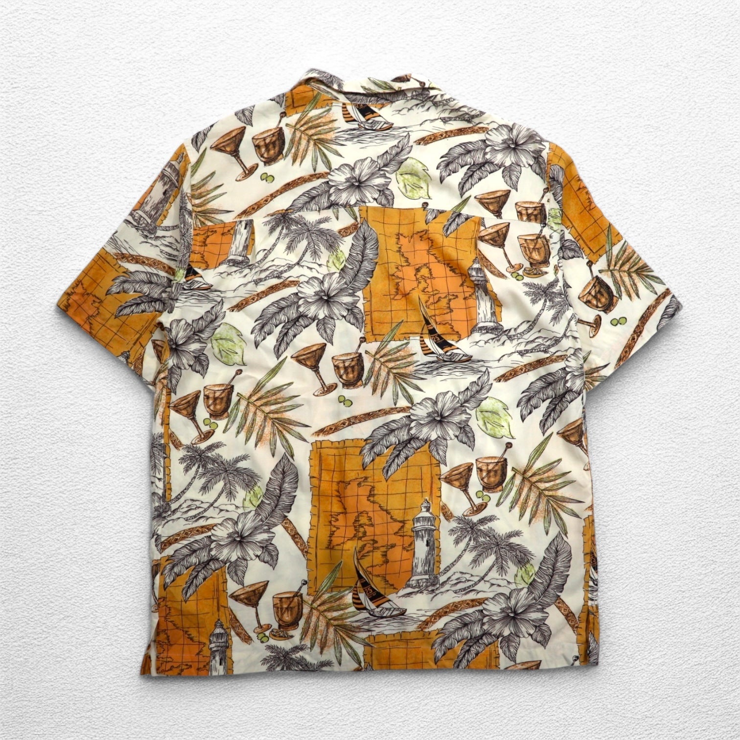 CARIBBEAN JOE anni '90 camicia hawaiana open collar con colletto aperto M arancione rayon fantasia palme cocktail ibisco