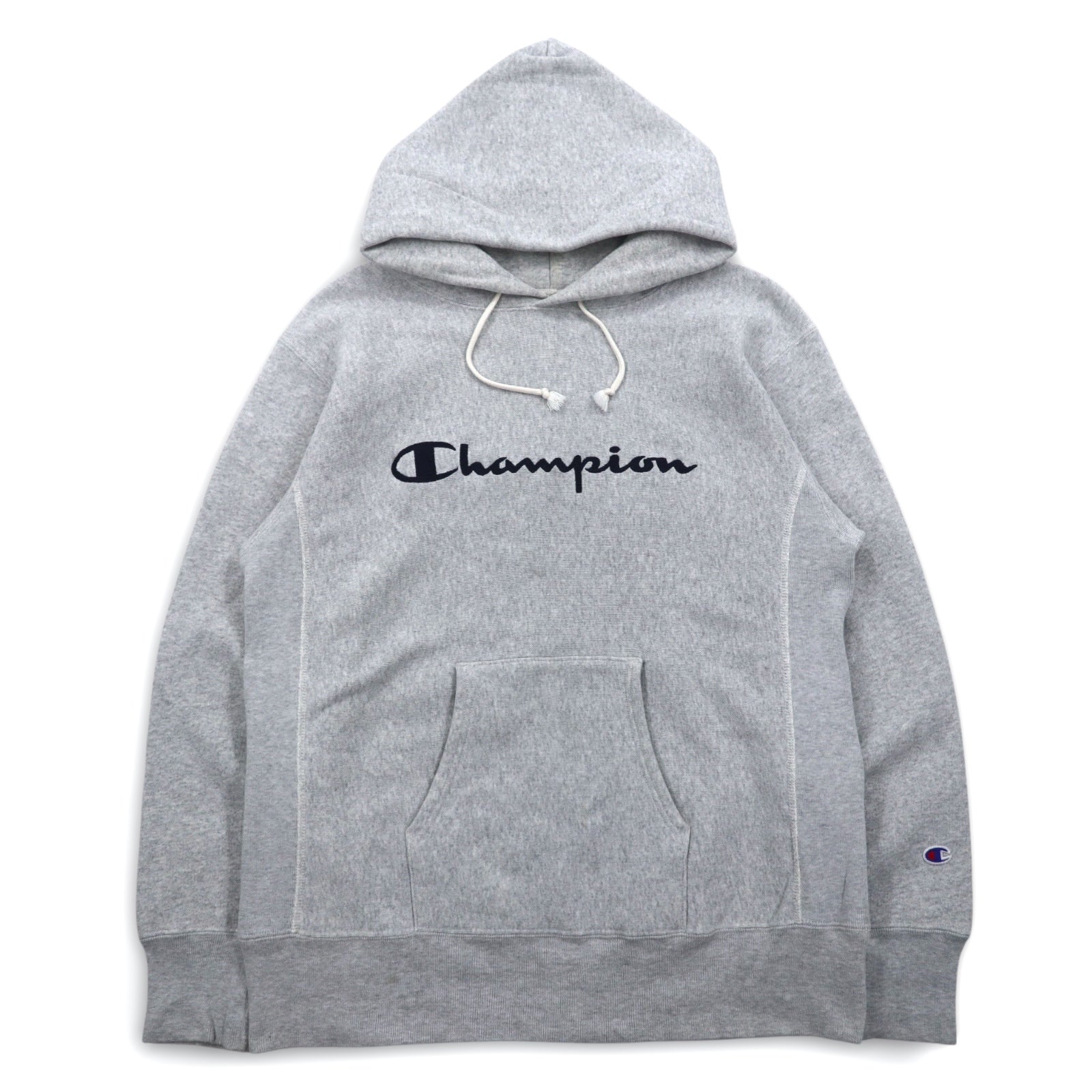 Champion Reverse Weave Felpa con cappuccio pullover XL grigia con logo script ricamato, riedizione etichetta blu C3-L107