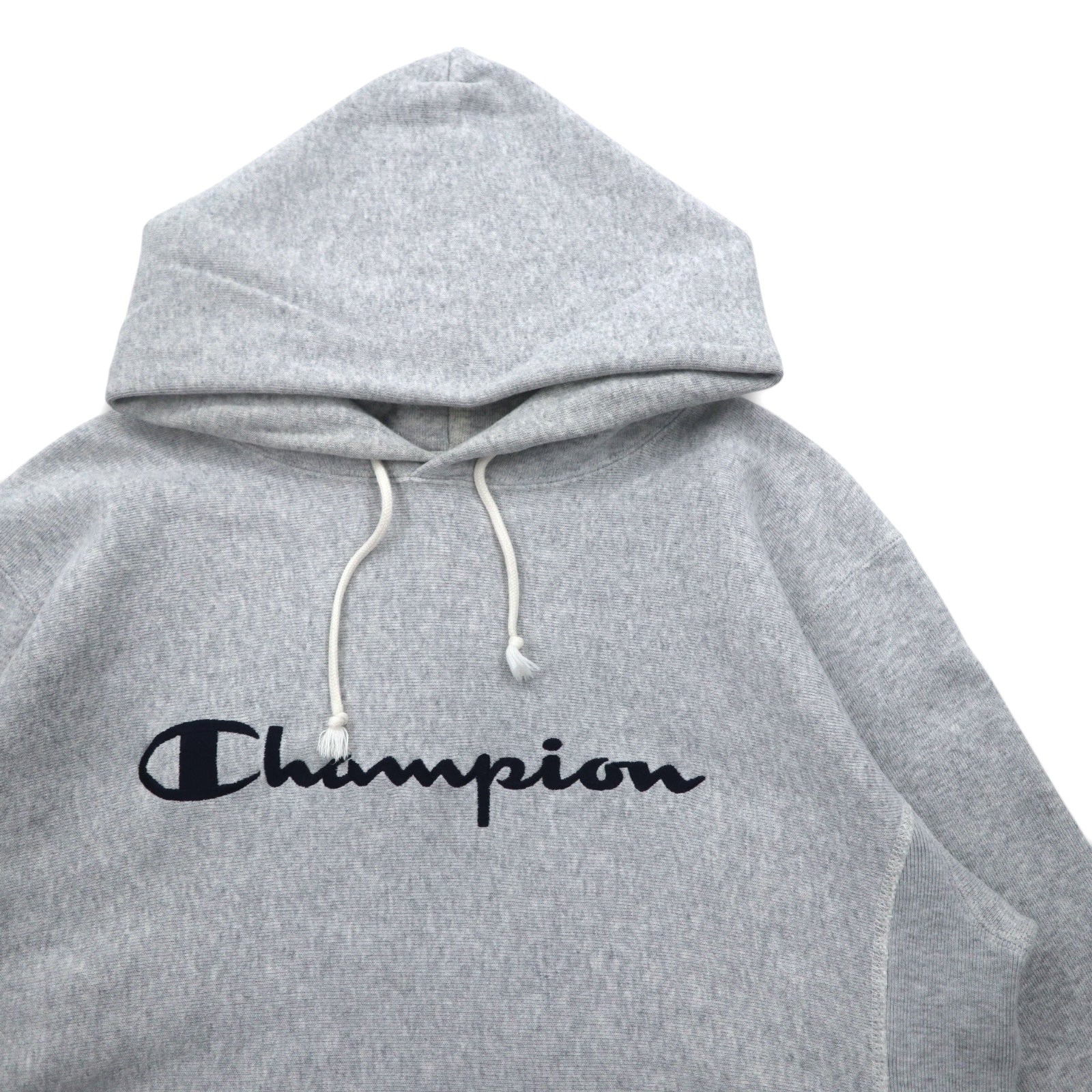 Champion Reverse Weave Felpa con cappuccio pullover XL grigia con logo script ricamato, riedizione etichetta blu C3-L107