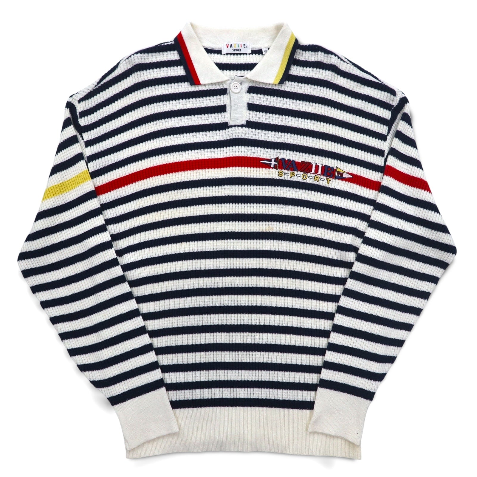 Vintage 90s Retro Preppy Polo Sweater VAZIIE SPORT Anni '90 Polo Waffle Knit L Righe Cotone Logo Ricamato Made in Japan