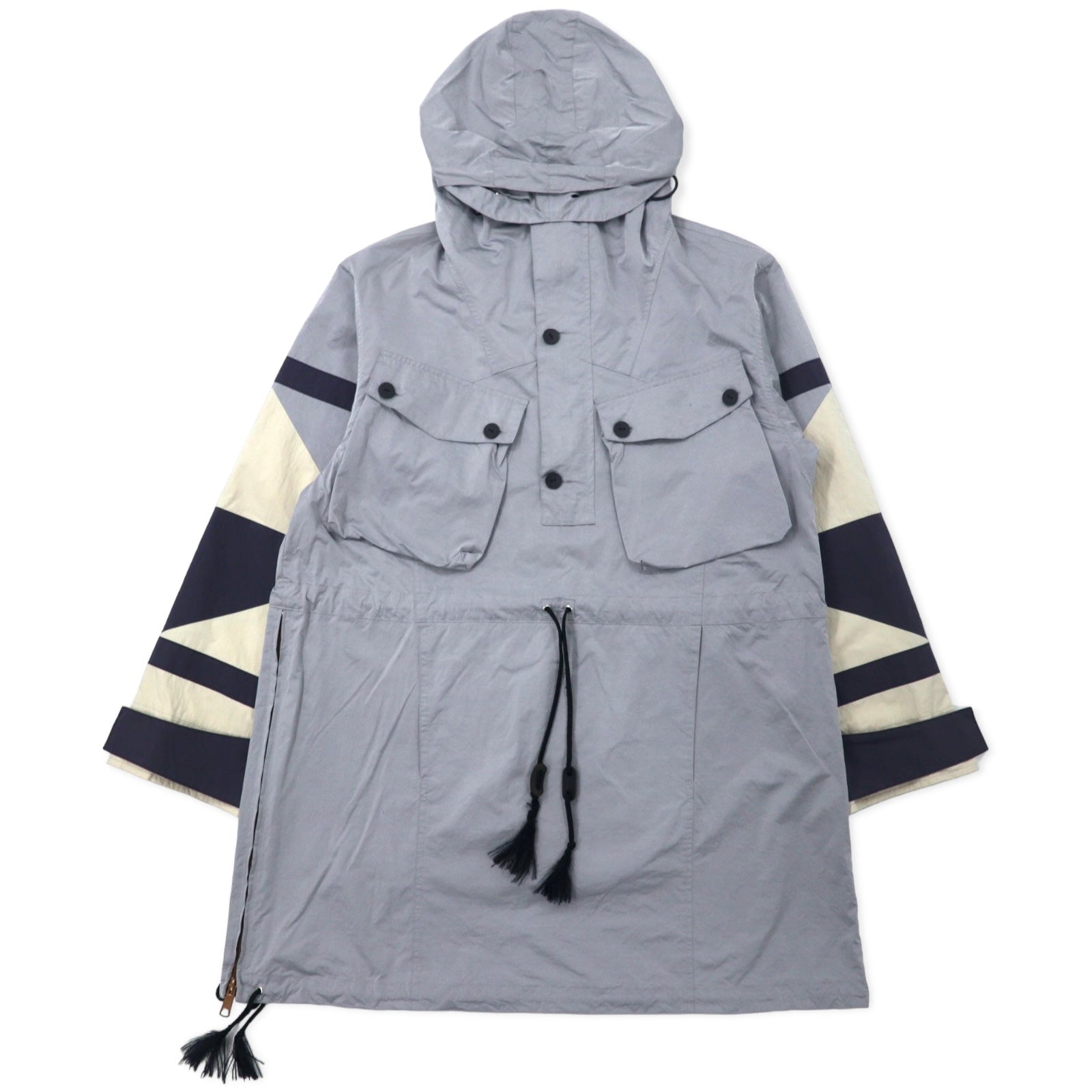LEH Parka a vento con cappuccio, taglia M, colore grigio, in nylon, con coulisse, spacchi laterali, made in Japan