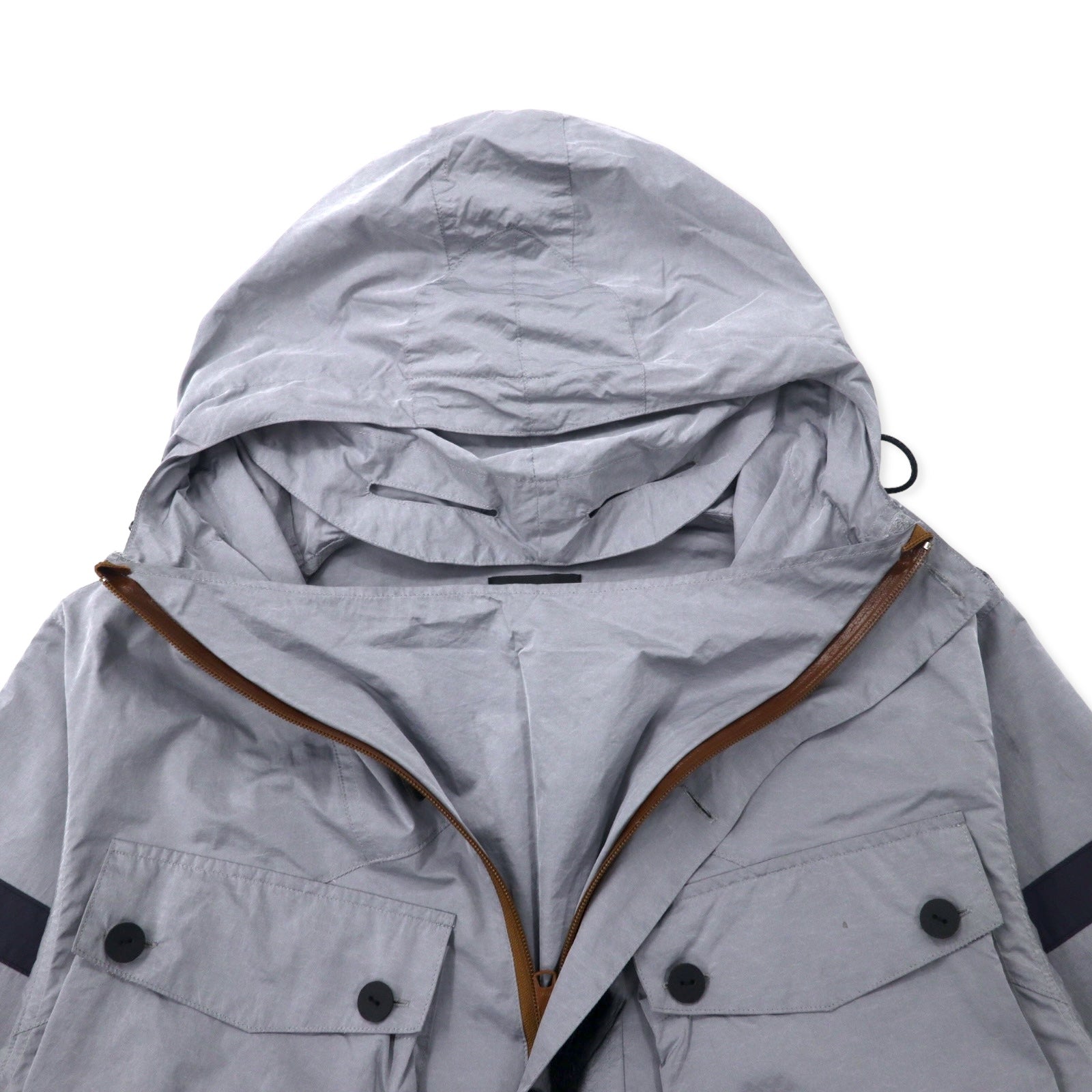 LEH Parka a vento con cappuccio, taglia M, colore grigio, in nylon, con coulisse, spacchi laterali, made in Japan