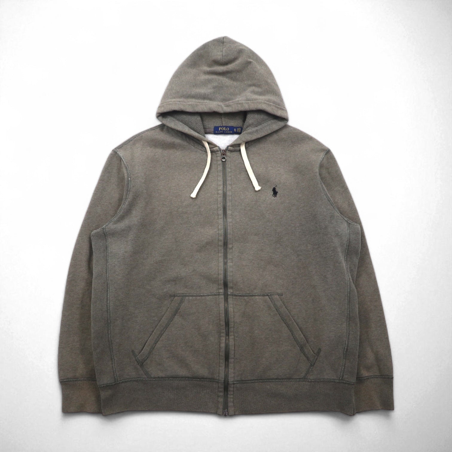 POLO RALPH LAUREN felpa con cappuccio full zip reverse weave XL grigio kaki ricamo piccolo pony