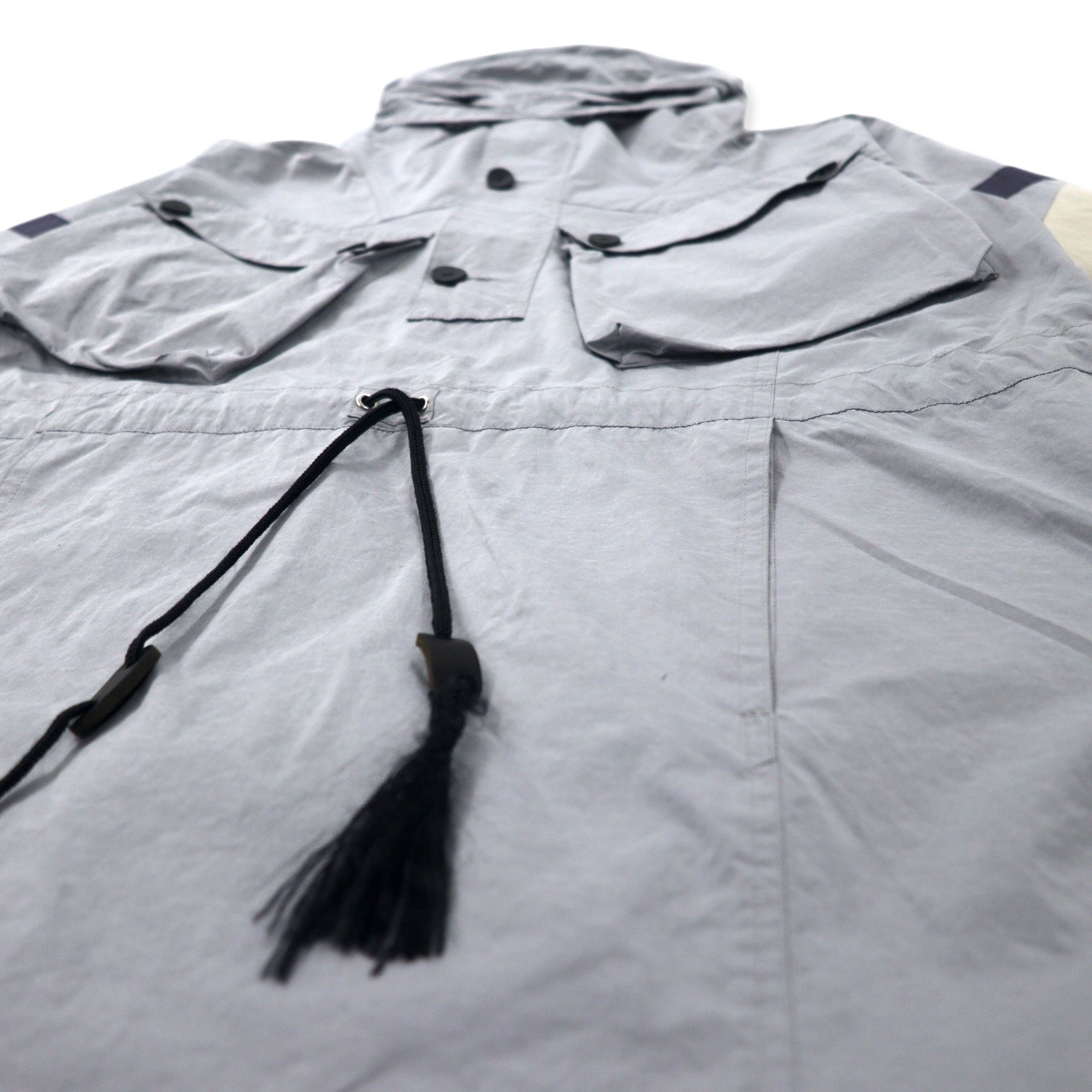LEH Parka a vento con cappuccio, taglia M, colore grigio, in nylon, con coulisse, spacchi laterali, made in Japan
