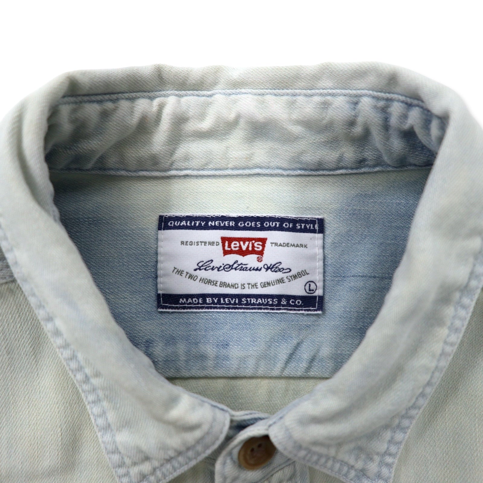 Camicia in denim Levi's anni '90, lavaggio ghiaccio, taglia L, blu, cotone, etichetta arancione