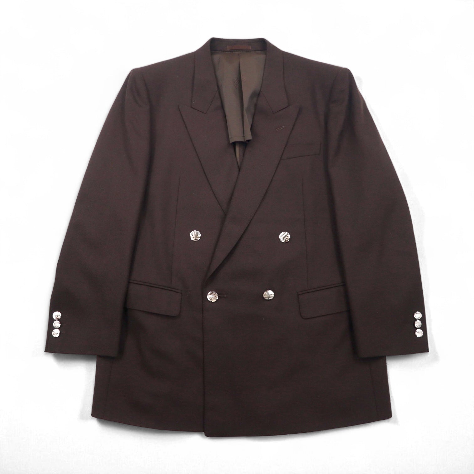 LANVIN completo doppiopetto con revers a punta, blazer, taglia L, marrone scuro, in lana, bottoni in metallo, taglio ampio