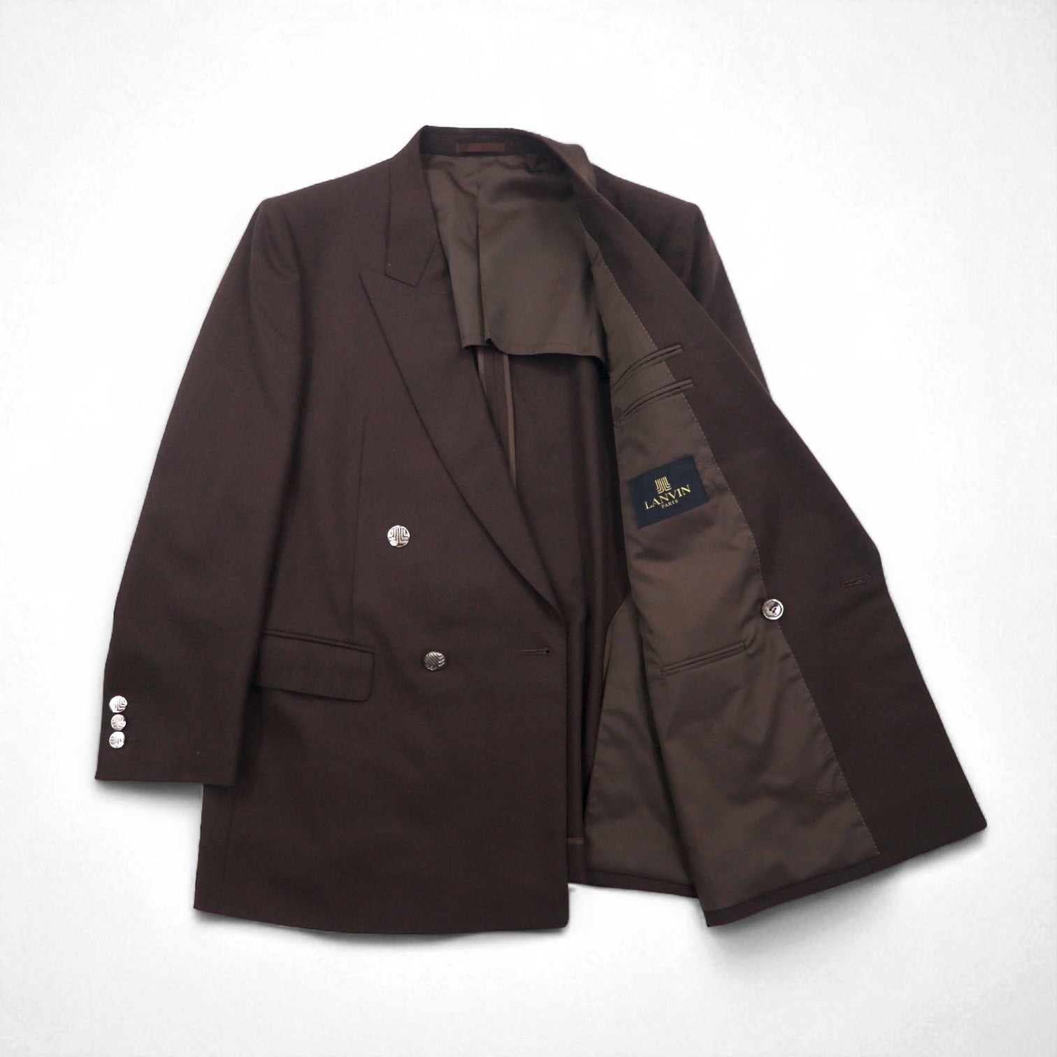 LANVIN completo doppiopetto con revers a punta, blazer, taglia L, marrone scuro, in lana, bottoni in metallo, taglio ampio