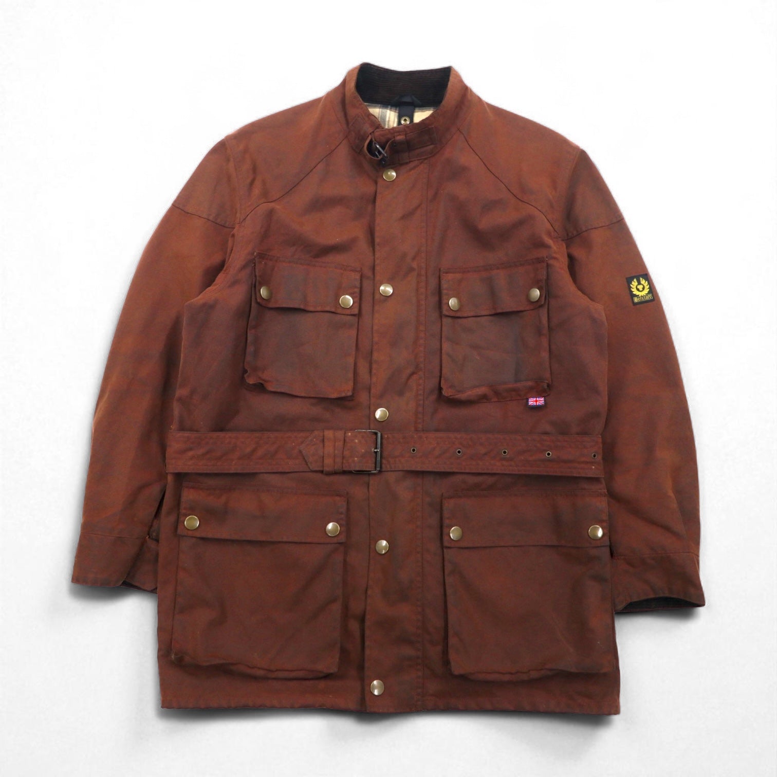 Giacca da motociclista Belstaff Roadmaster oliata, taglia XL, colore marrone, fodera a quadri, con cintura
