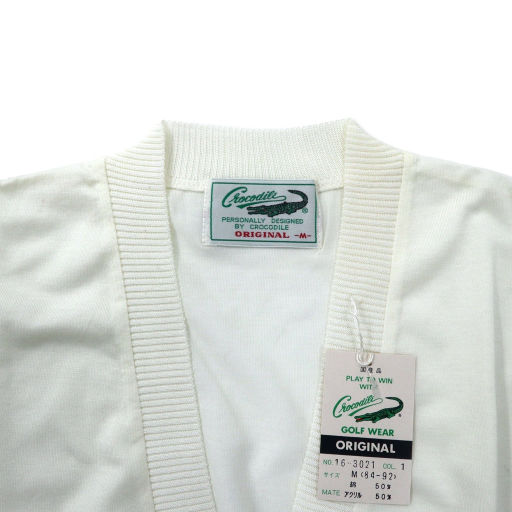 Cardigan in maglia acrilica Crocodile anni '80 M bianco cotone con logo a punto unico Prodotto in Giappone Nuovo