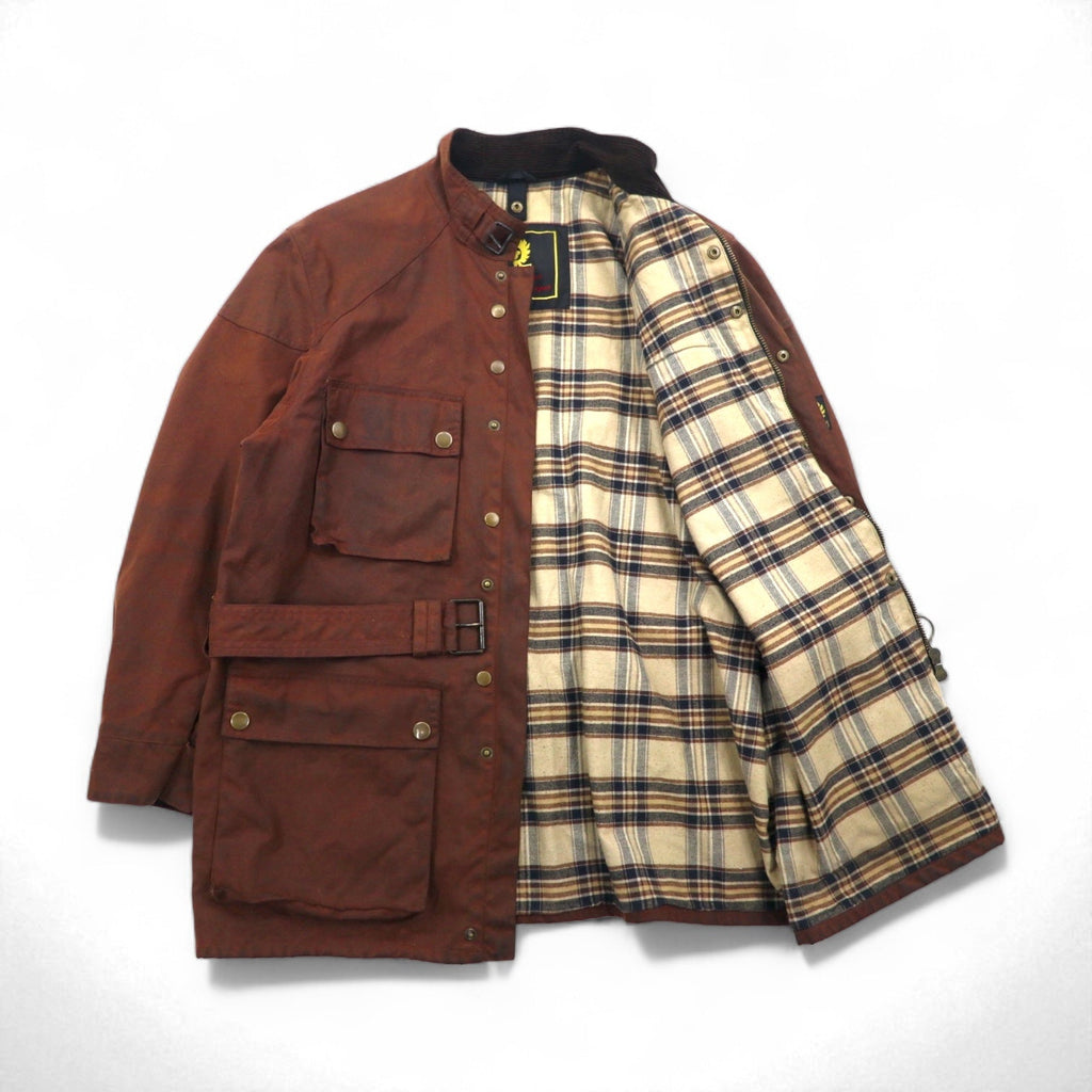 Giacca da motociclista Belstaff Roadmaster oliata, taglia XL, colore marrone, fodera a quadri, con cintura