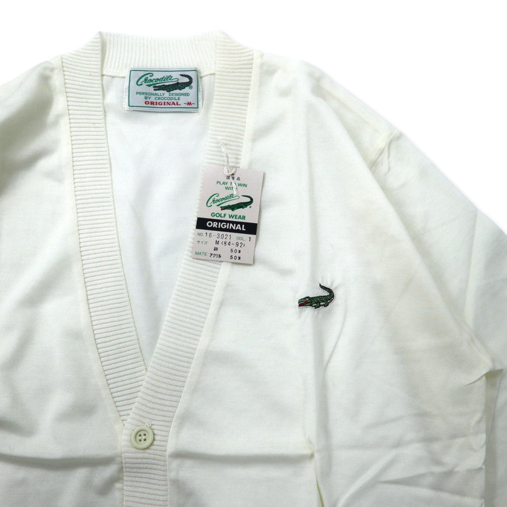 Cardigan in maglia acrilica Crocodile anni '80 M bianco cotone con logo a punto unico Prodotto in Giappone Nuovo