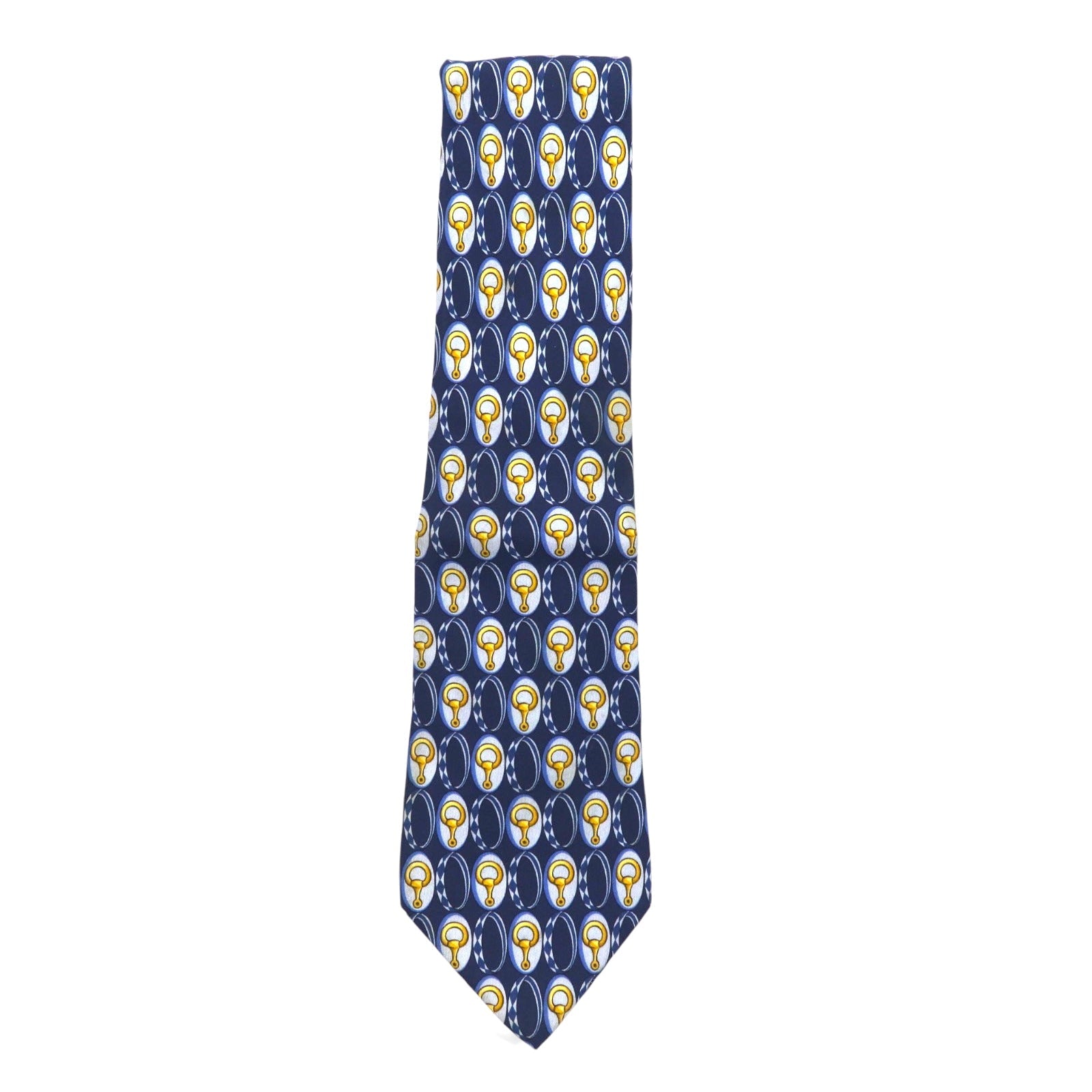 GUCCI Cravatta da uomo, blu navy, in seta, fantasia con morsetto per cavallo, Made in Italy