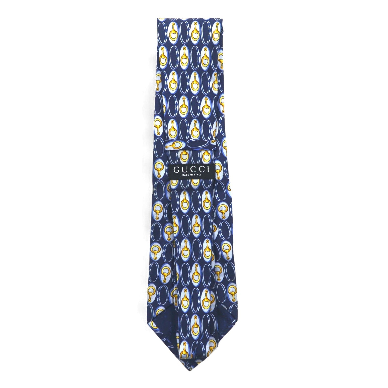 GUCCI Cravatta da uomo, blu navy, in seta, fantasia con morsetto per cavallo, Made in Italy