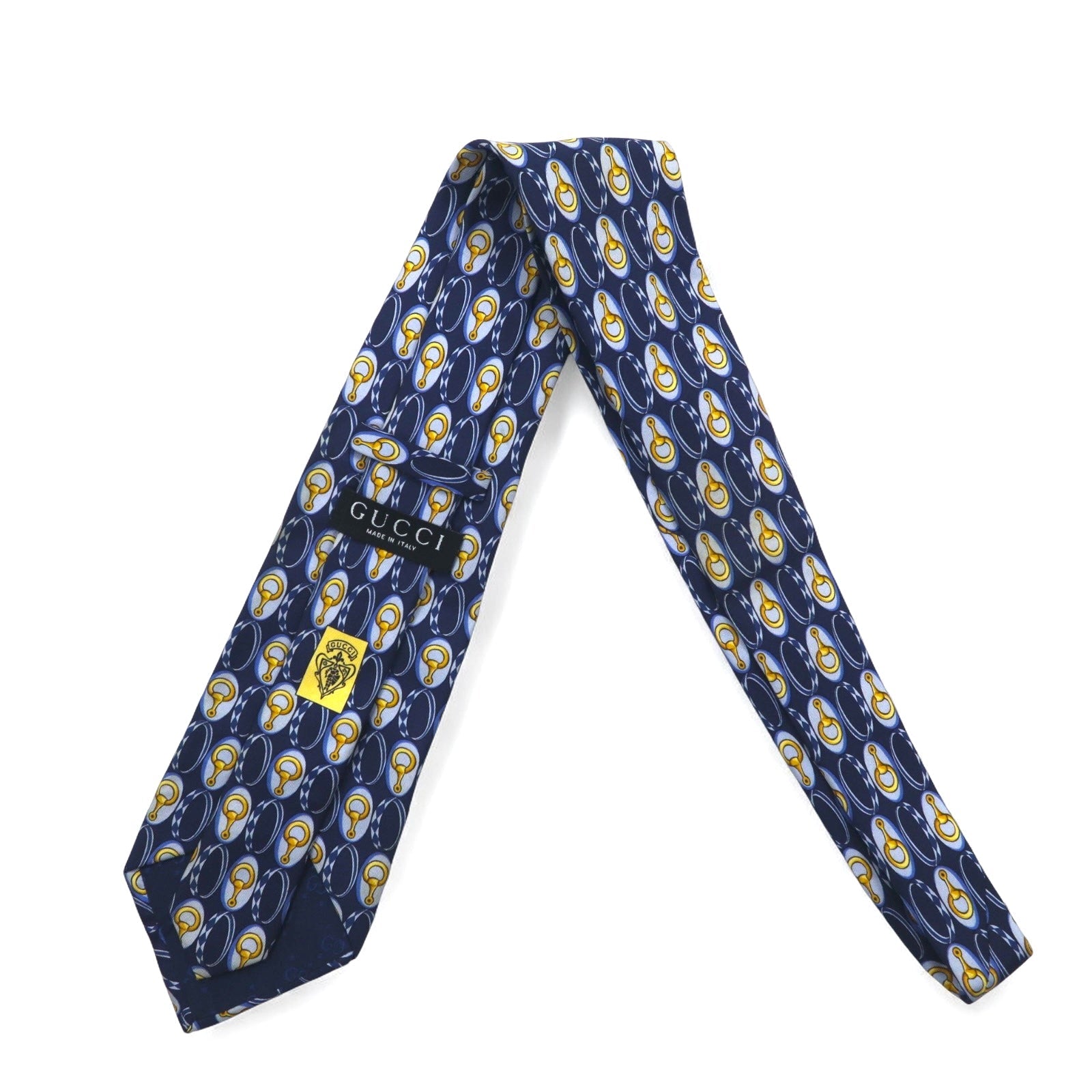GUCCI Cravatta da uomo, blu navy, in seta, fantasia con morsetto per cavallo, Made in Italy