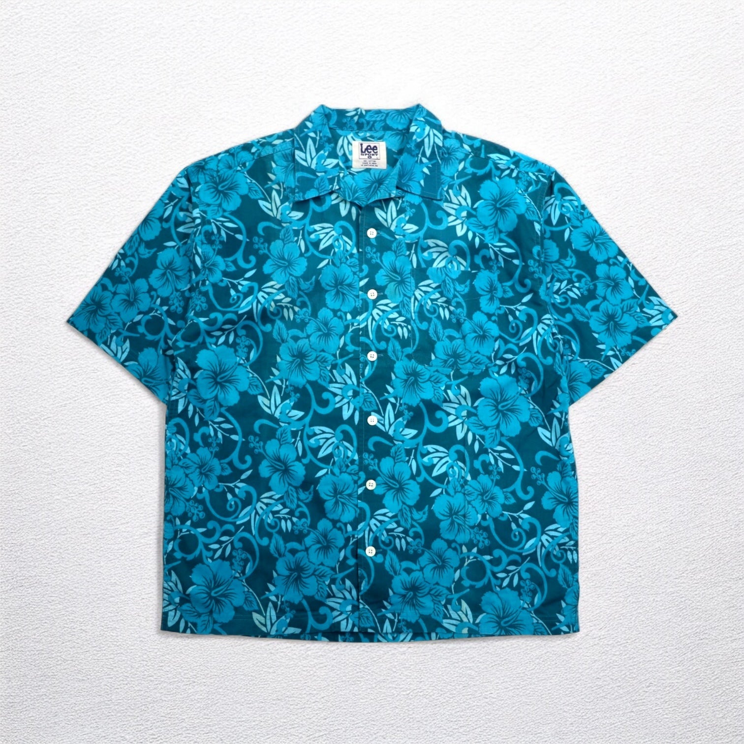 Lee SPORT anni '90 camicia hawaiana con colletto aperto L cotone fantasia ibisco blu