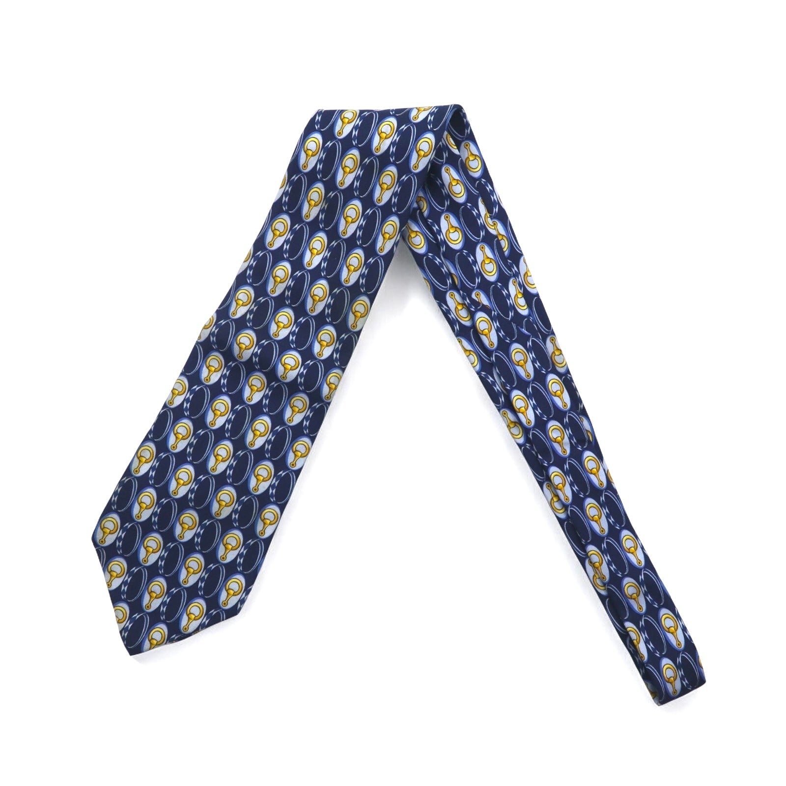 GUCCI Cravatta da uomo, blu navy, in seta, fantasia con morsetto per cavallo, Made in Italy