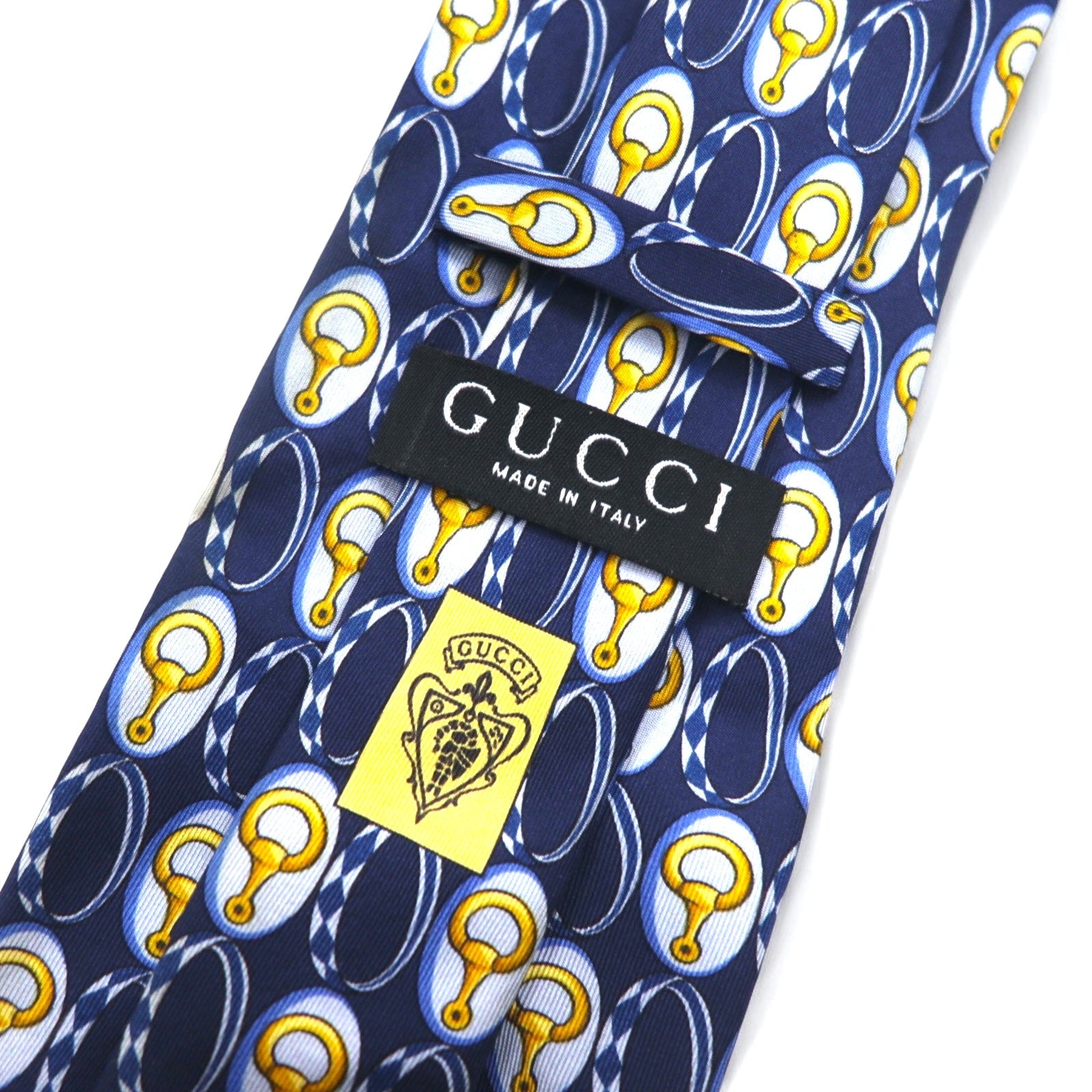 GUCCI Cravatta da uomo, blu navy, in seta, fantasia con morsetto per cavallo, Made in Italy