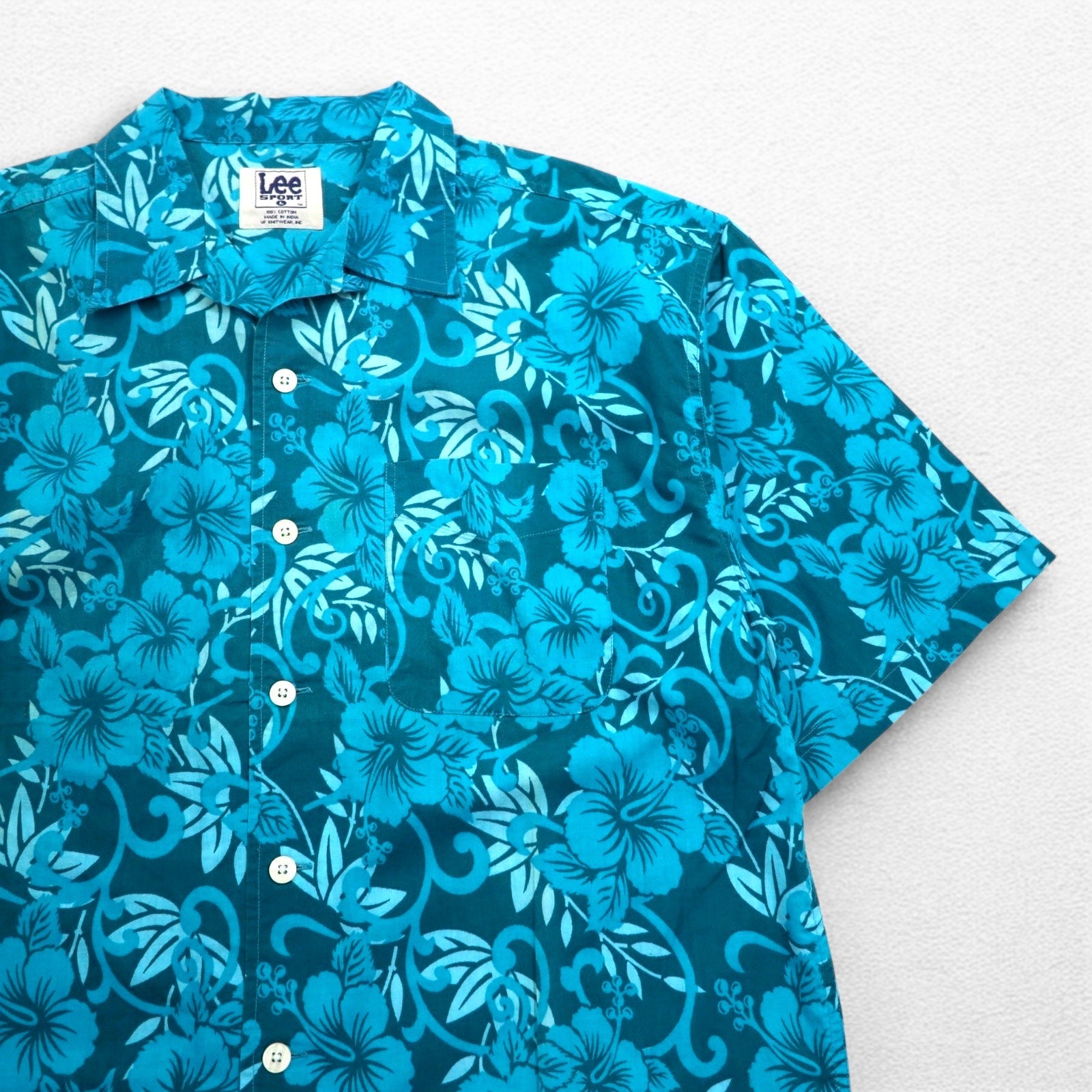 Lee SPORT anni '90 camicia hawaiana con colletto aperto L cotone fantasia ibisco blu