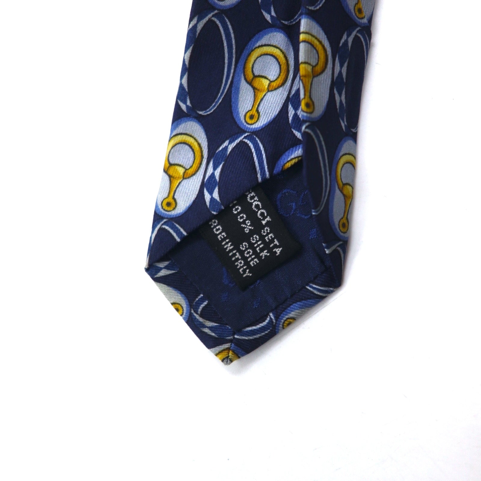 GUCCI Cravatta da uomo, blu navy, in seta, fantasia con morsetto per cavallo, Made in Italy