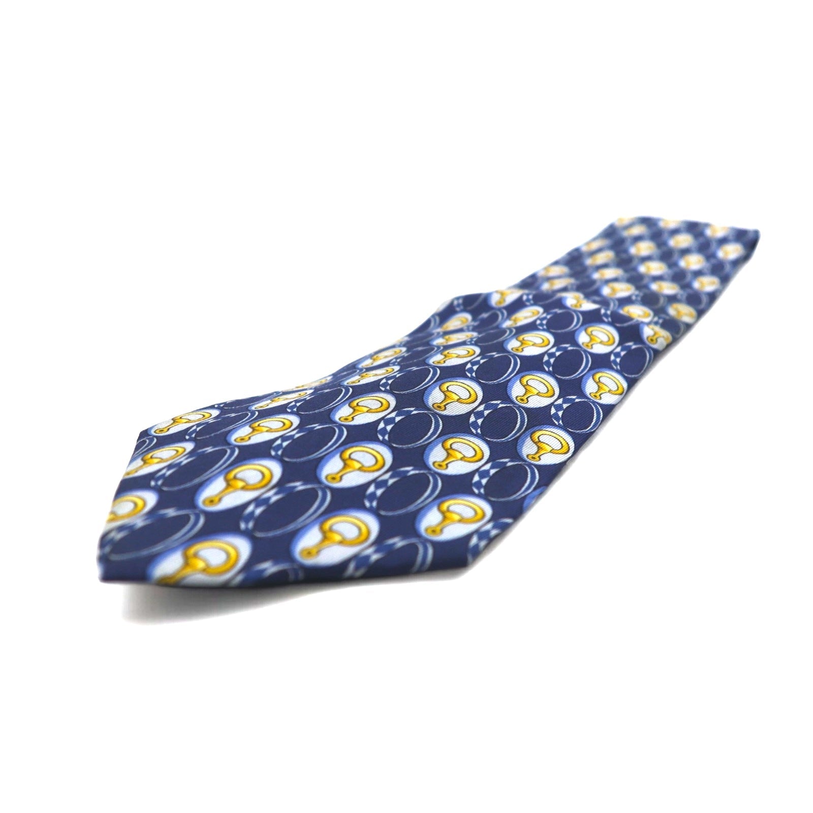 GUCCI Cravatta da uomo, blu navy, in seta, fantasia con morsetto per cavallo, Made in Italy