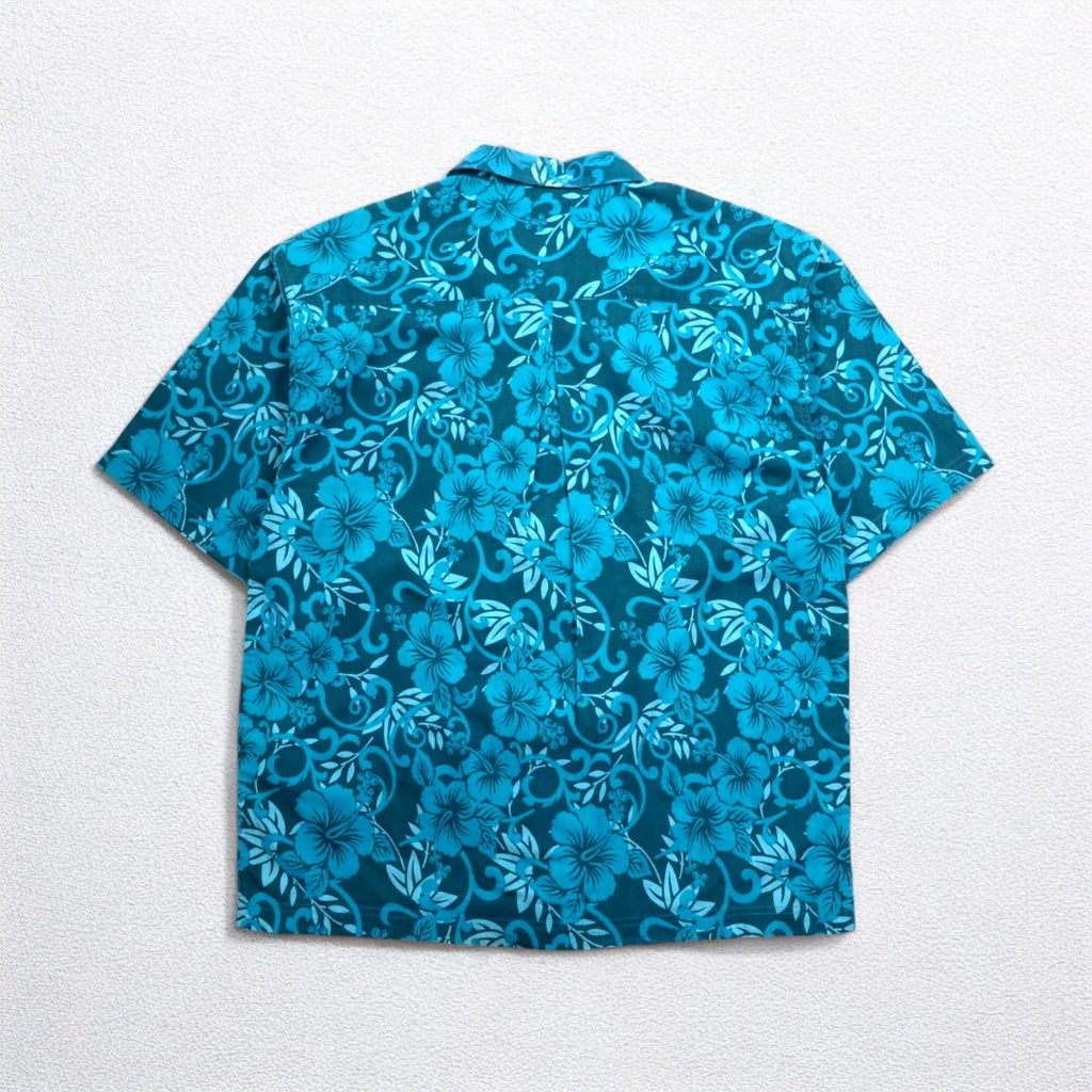 Lee SPORT anni '90 camicia hawaiana con colletto aperto L cotone fantasia ibisco blu
