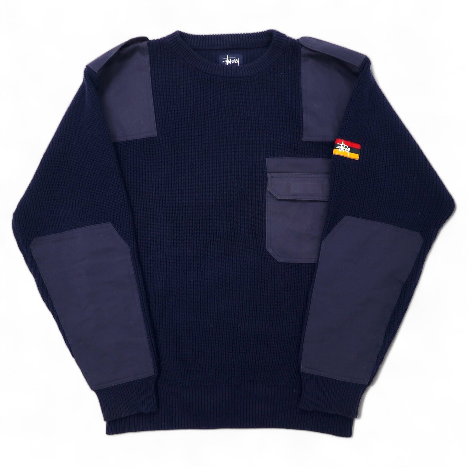 Stussy anni '90 maglione militare "Commando" taglia L, cotone, blu navy, etichetta blu, taglia oversize