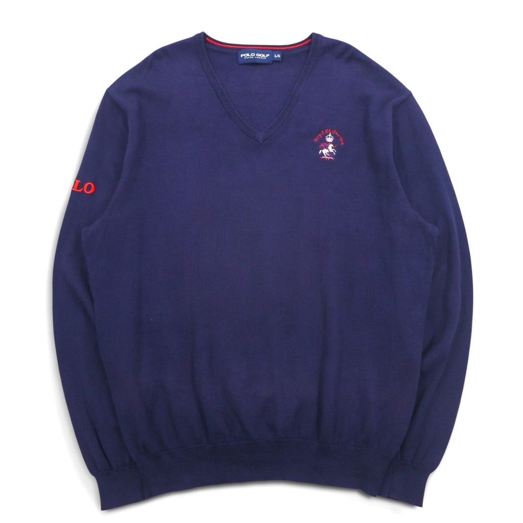 POLO GOLF RALPH LAUREN Vネック コットンニット セーター L ネイビー ポニー ロゴ刺繍 Royal St George's