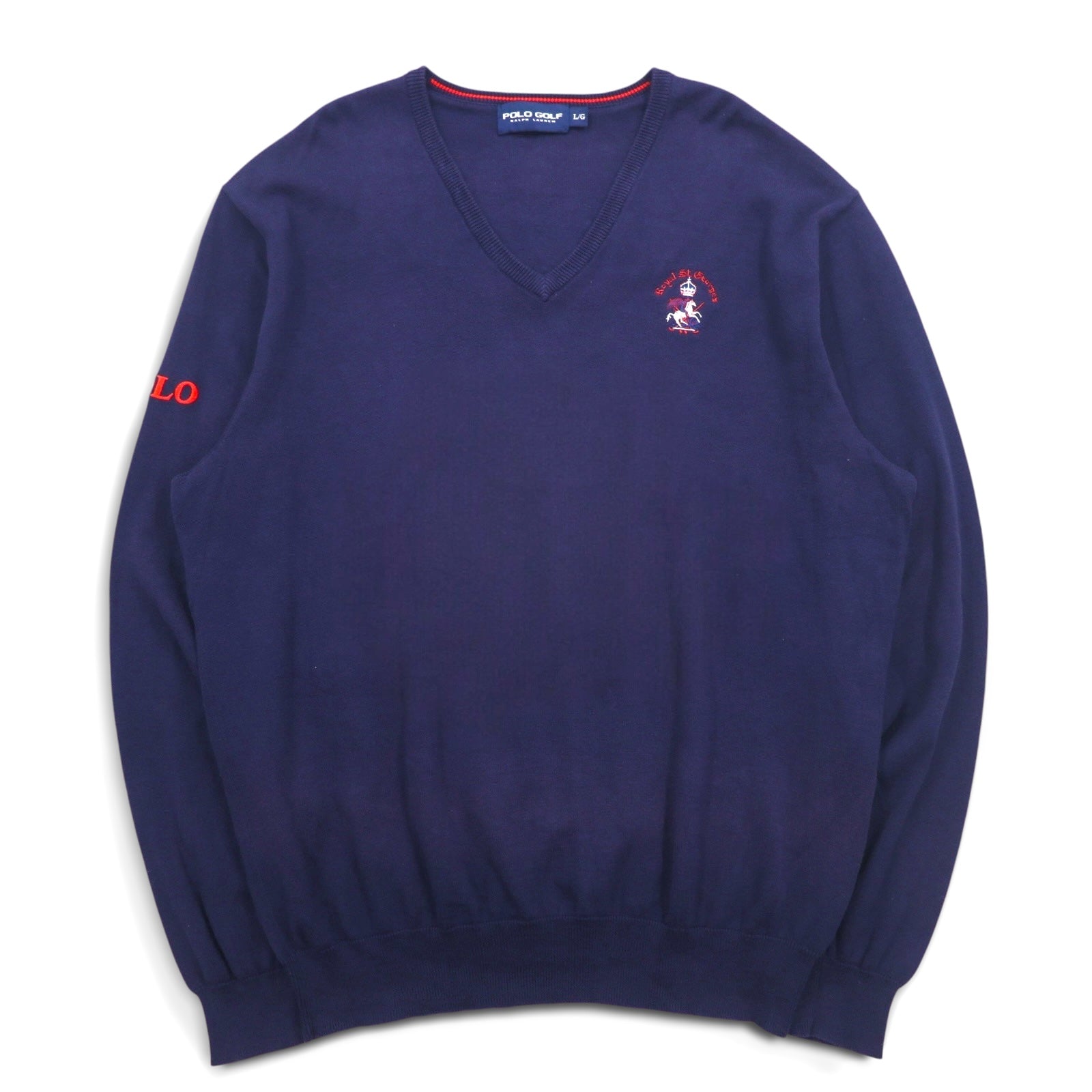 POLO GOLF RALPH LAUREN Maglione in cotone con scollo a V Taglia L Blu navy con logo ricamato Royal St George's